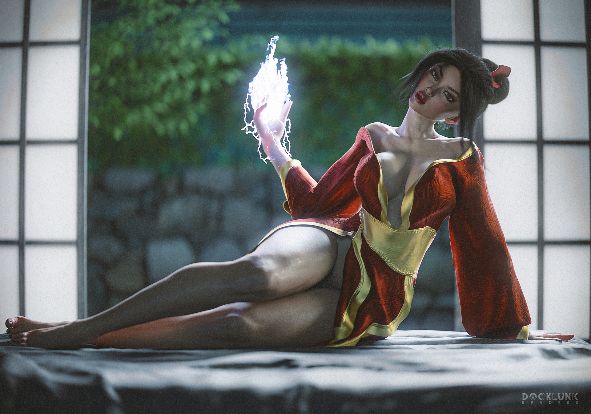 Azula lying on a bed with blue fire in her hand