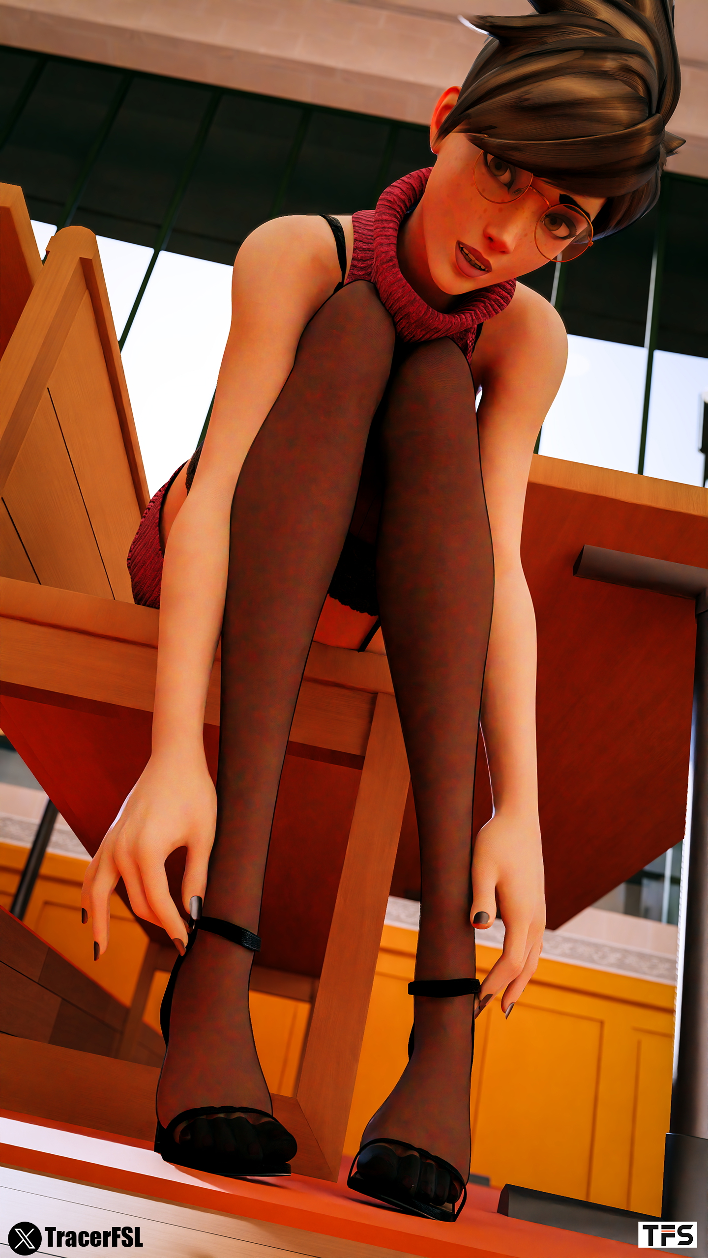 The Classroom Set Overwatch Tracer Feet Foot Focus Stockings Black Stockings Virgin Killer Sweater Close Up Pov 4