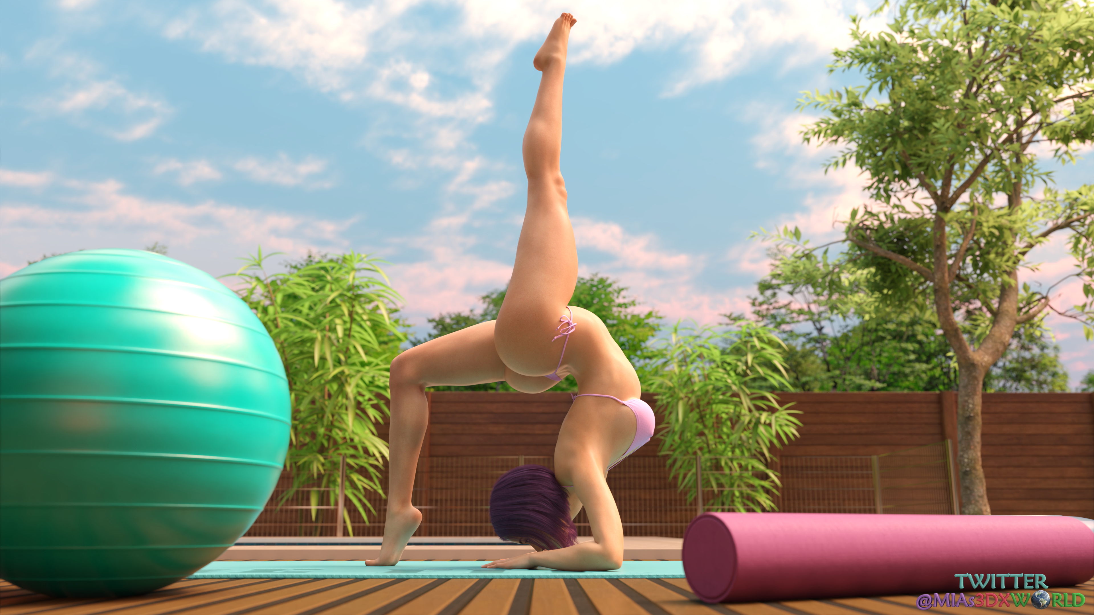 Claire showing off her yoga skills to grandpa Albert [Temptation Series] Original Claire Original Series Original Character Big Breasts Purple Hair Cute Short Hair Hot Workout Yoga
