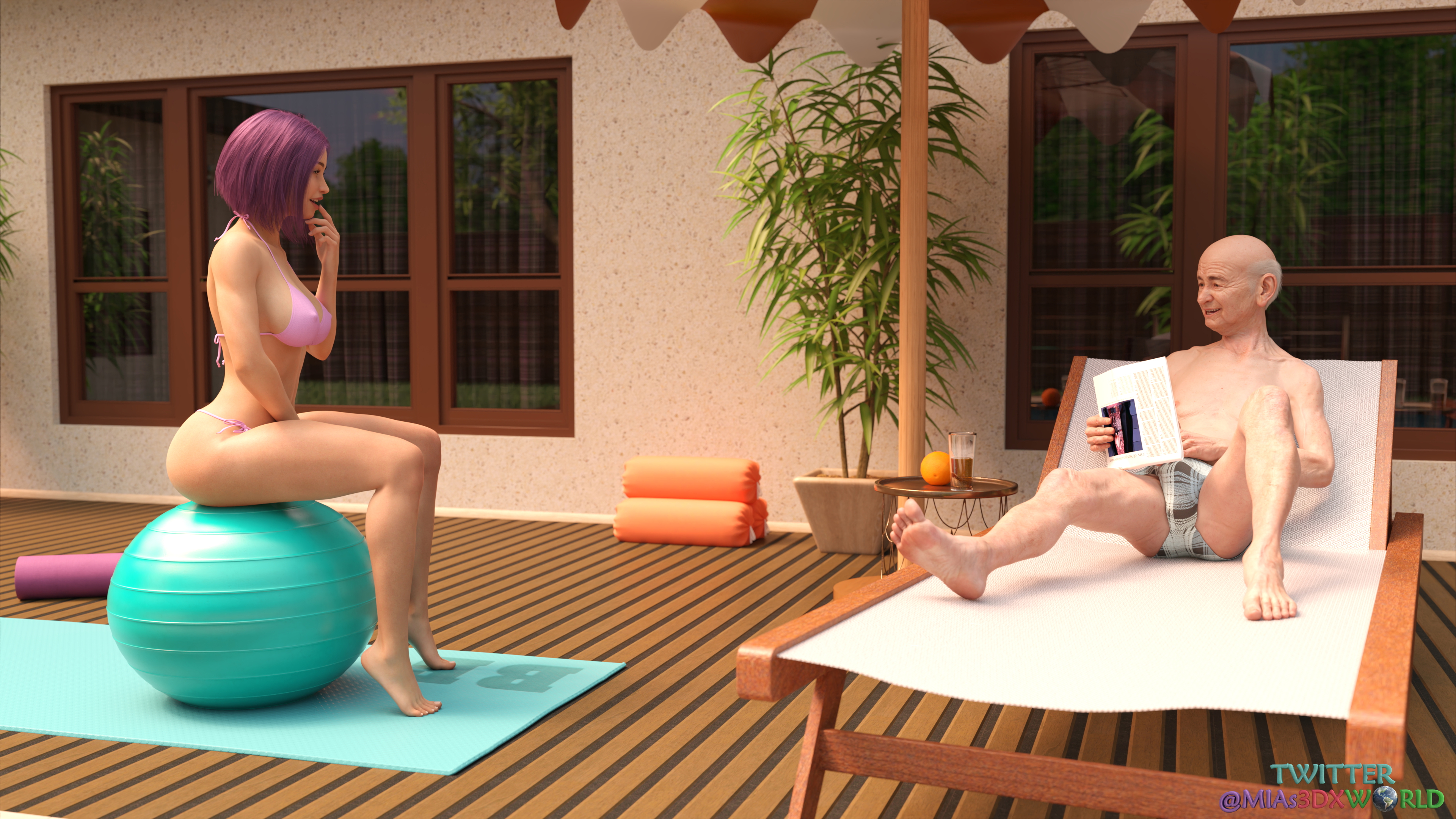 Claire showing off her yoga skills to grandpa Albert [Temptation Series] Original Claire Original Series Original Character Big Breasts Purple Hair Cute Short Hair Hot Workout Yoga 7