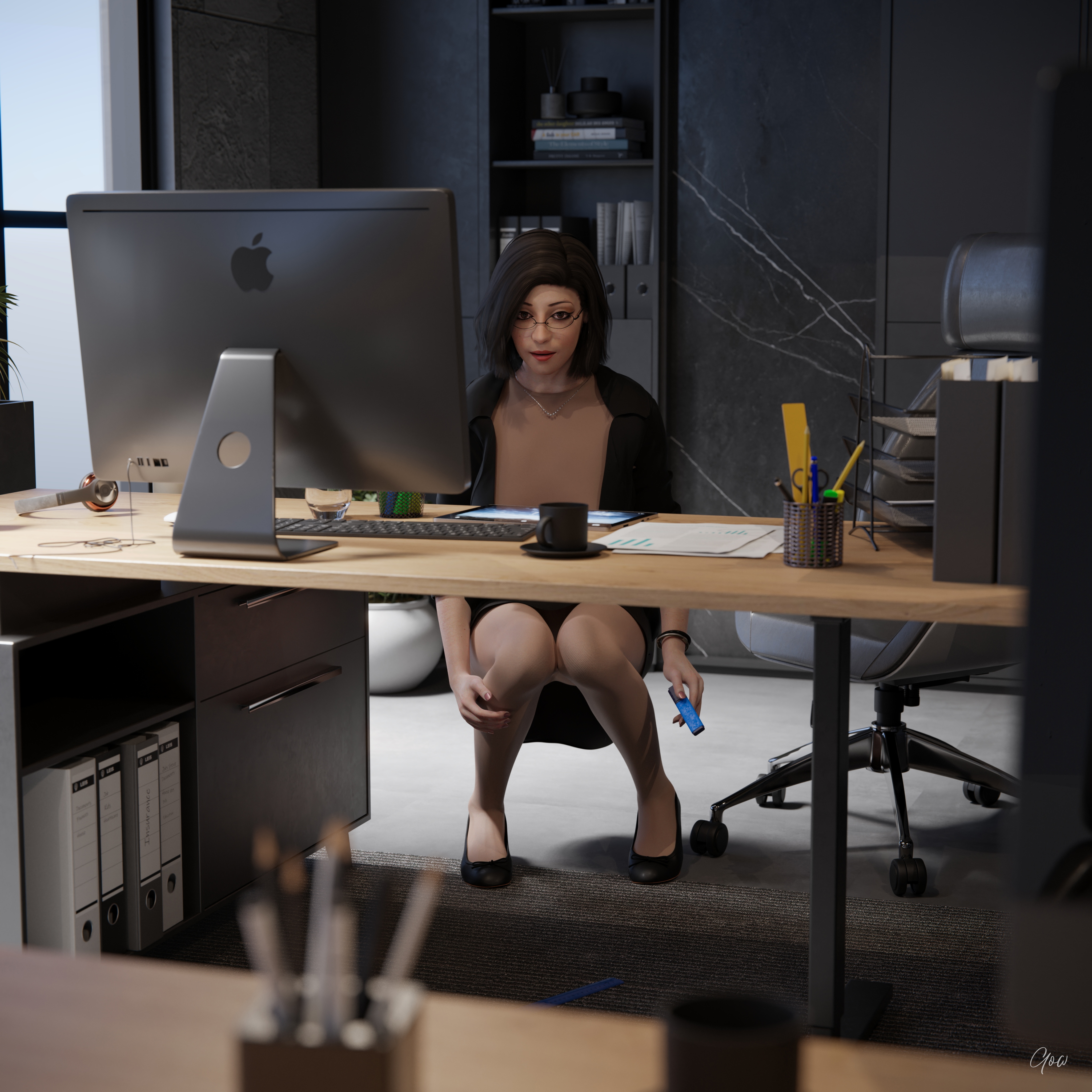 Office tricks. Rona is showing some office tricks.  Office Office_lady Clothed Nylon Pantyhose Secretary Milf Skirt Uniform Magic No Panties Upskirt Wet Pussy Sexy Brunette Nsfw Desk Hairy Pussy Legs 3