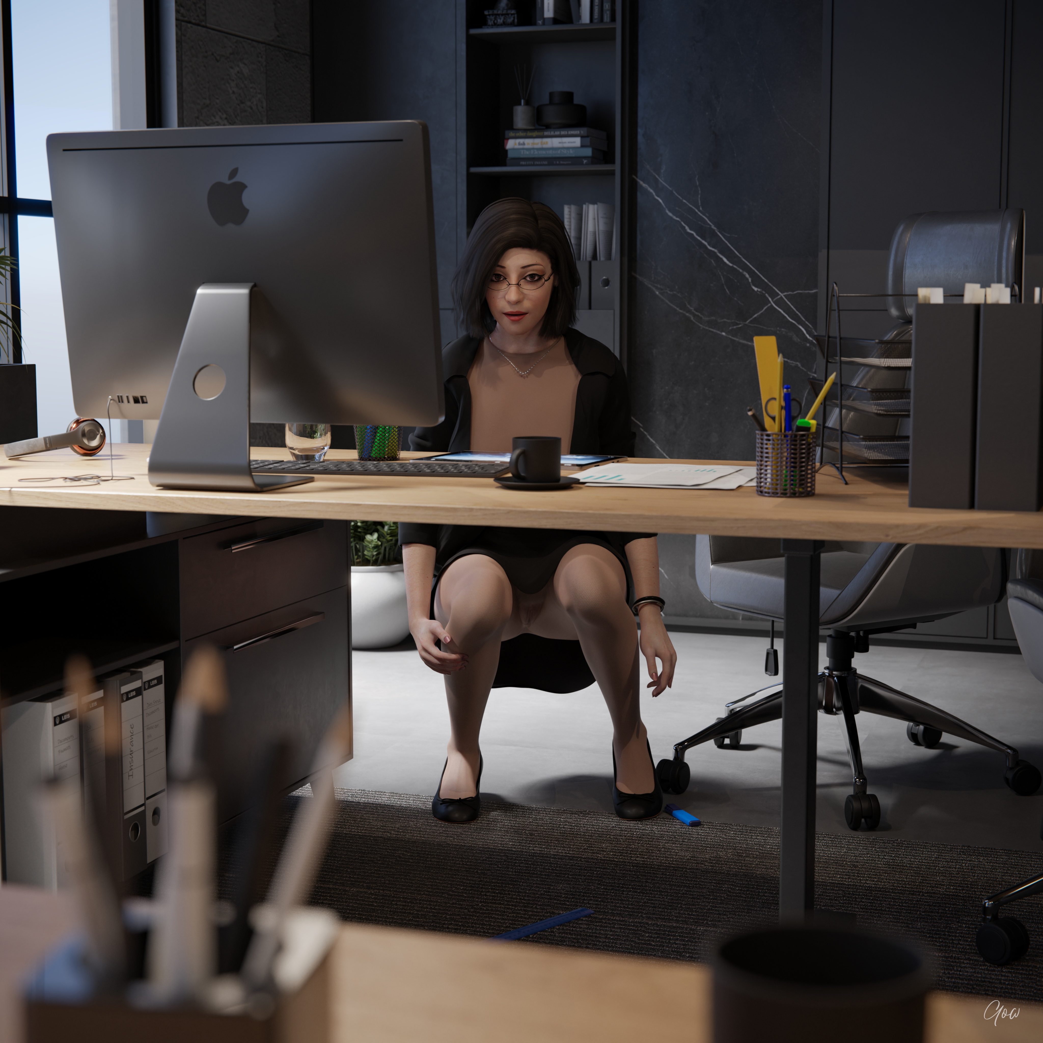 Office tricks. Rona is showing some office tricks.  Office Office_lady Clothed Nylon Pantyhose Secretary Milf Skirt Uniform Magic No Panties Upskirt Wet Pussy Sexy Brunette Nsfw Desk Hairy Pussy Legs 4