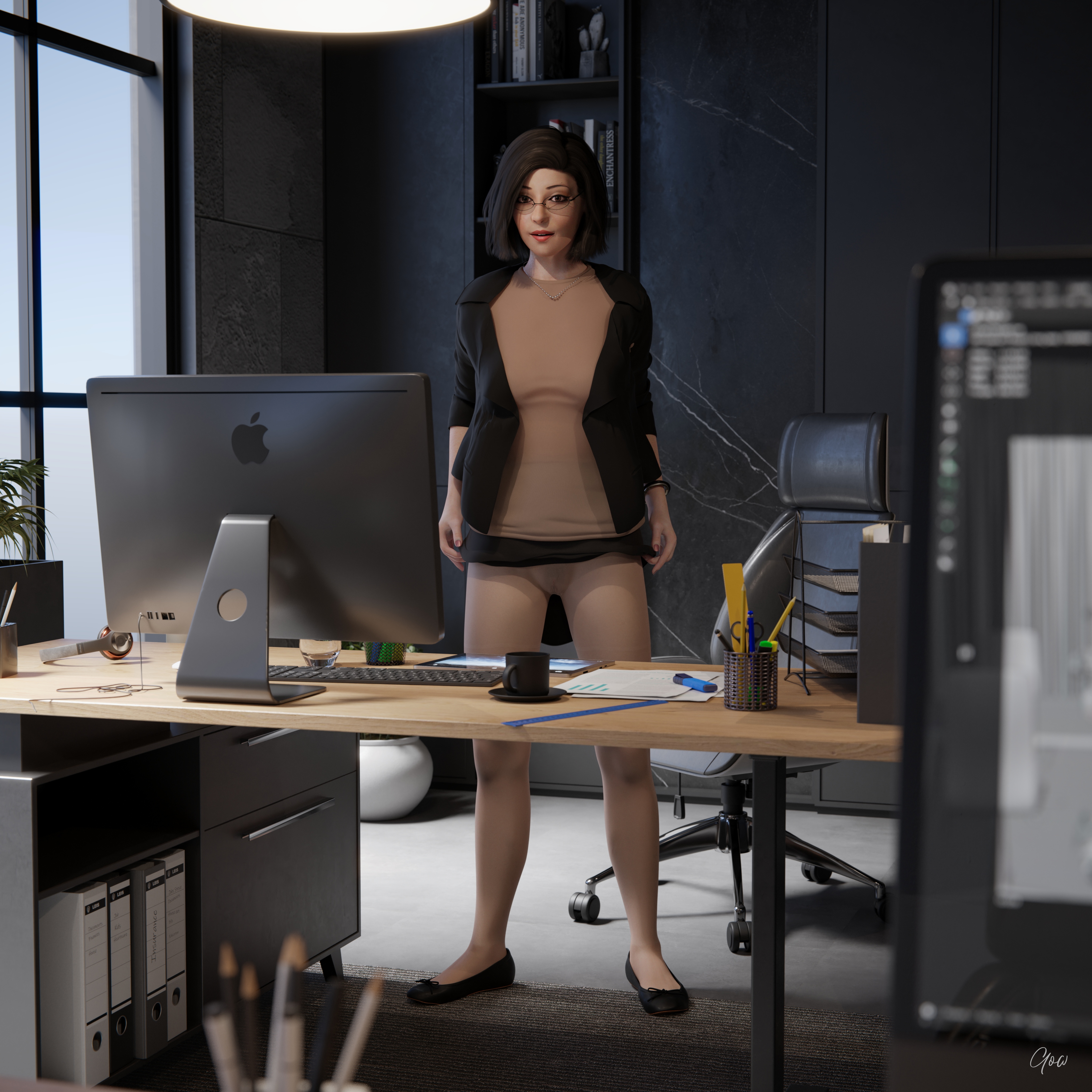 Office tricks. Rona is showing some office tricks.  Office Office_lady Clothed Nylon Pantyhose Secretary Milf Skirt Uniform Magic No Panties Upskirt Wet Pussy Sexy Brunette Nsfw Desk Hairy Pussy Legs 5