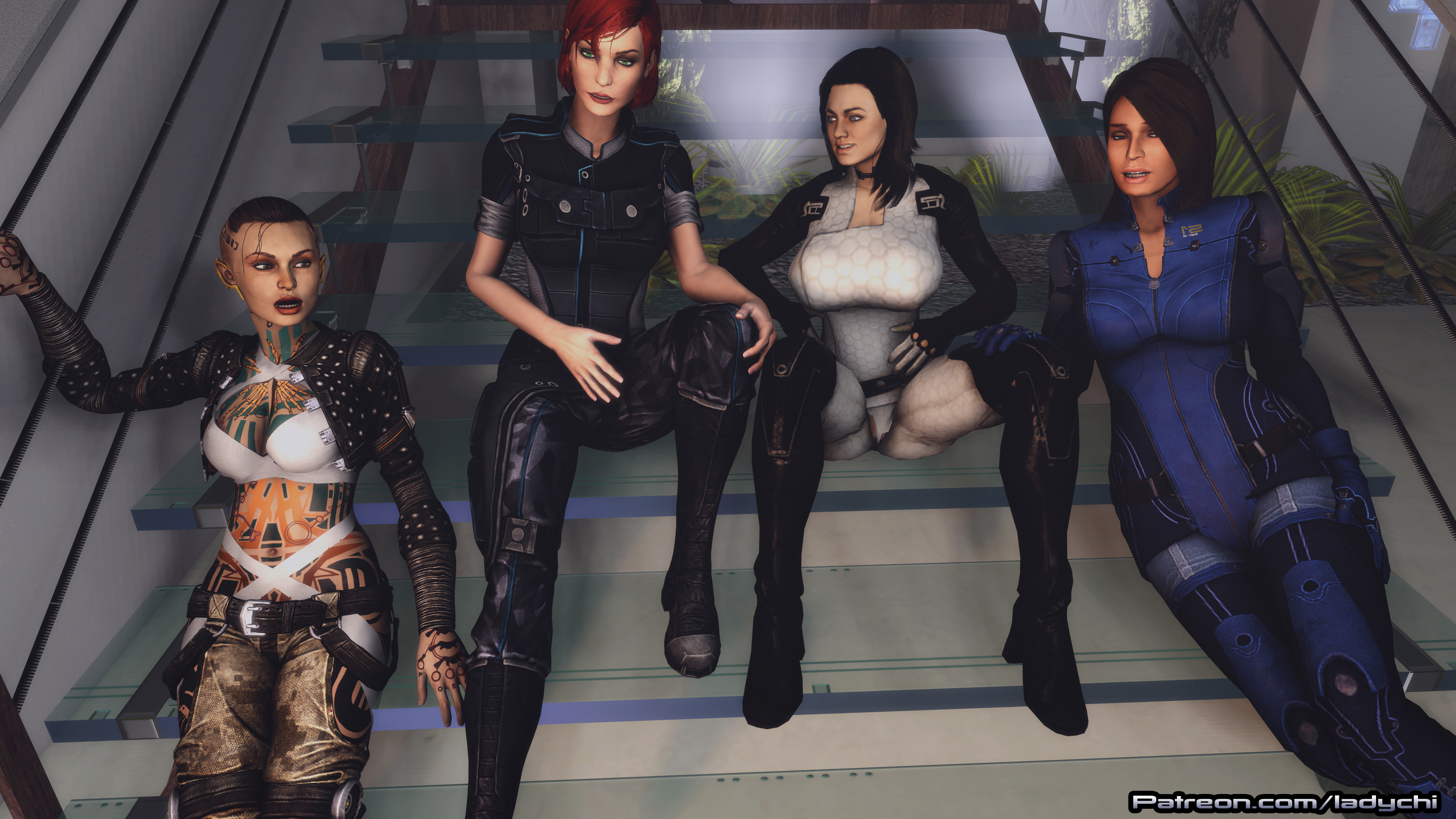 The Awesome foursome take a breather posing at the stairs!  Mass Effect Commander Shepard Miranda Lawson Ashley Williams Sfm Videogame Pussy Tattoos Nude Naked Lesbians Boobs Posing Spread Legs 3