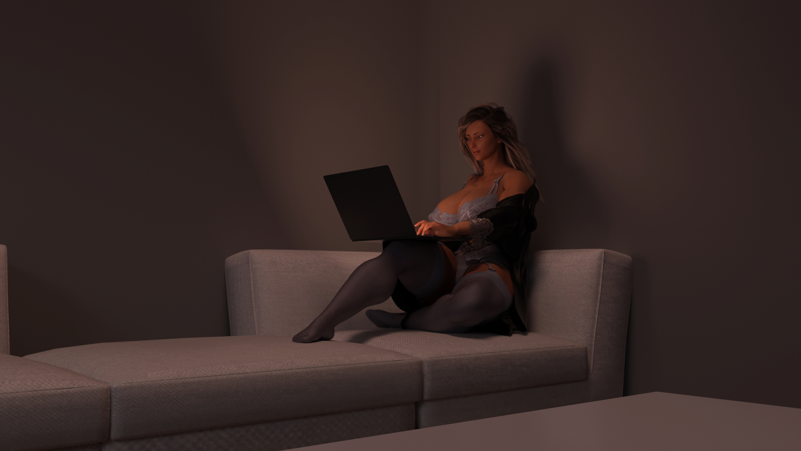 Alessa Sleepless Night  Huge Breasts Tall Muscles Abs Laptop Sitting Couch Huge Ass Female Night