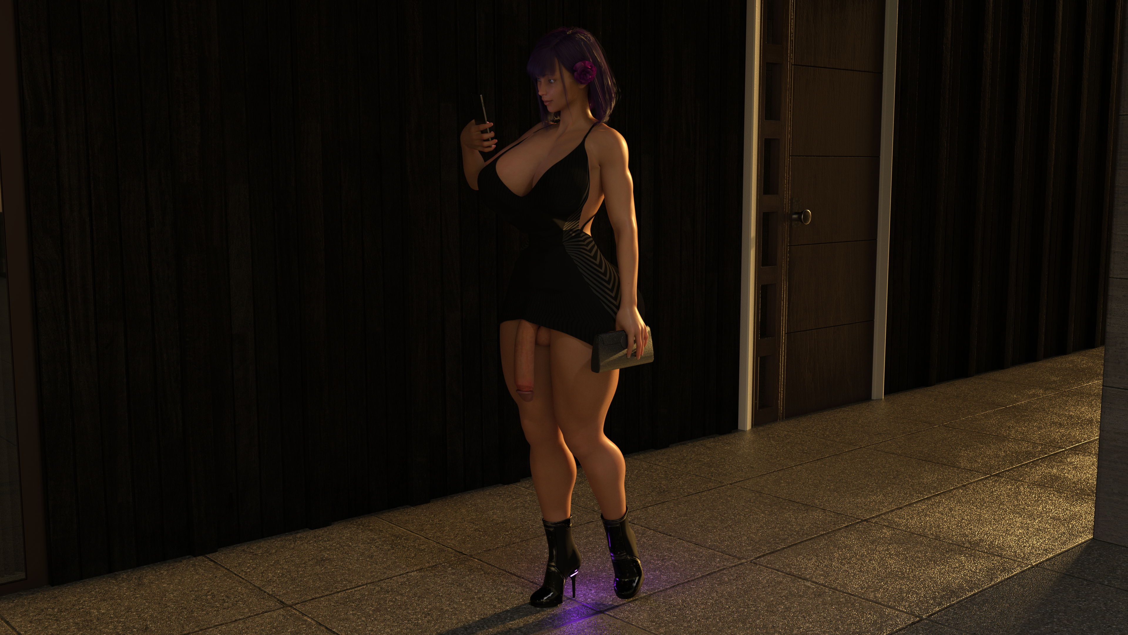 Natt s Night Out  Purple Hair Tight Dress Dress Huge Breasts Huge Ass Huge Cock Futanari Handbag Sunset