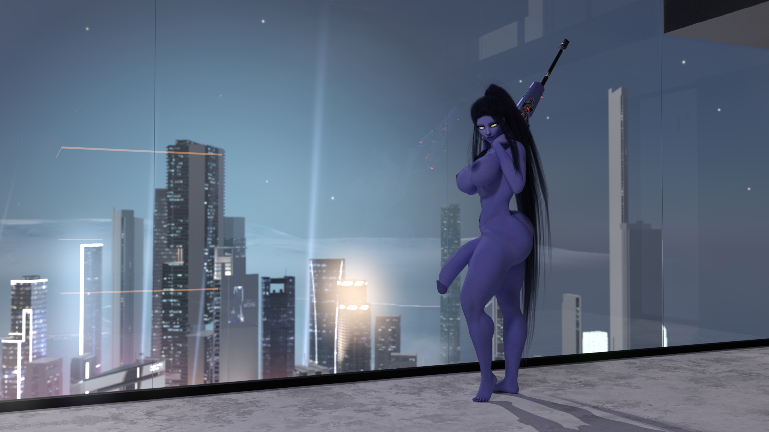 Widowmaker Midnight Rise Widowmaker Amelie Lacroix Overwatch Purple Skin Purple Hair Long Hair Ponytail Huge Cock Futa Nude Gun Glowing Eyes Night Standing Huge Ass Huge Breasts