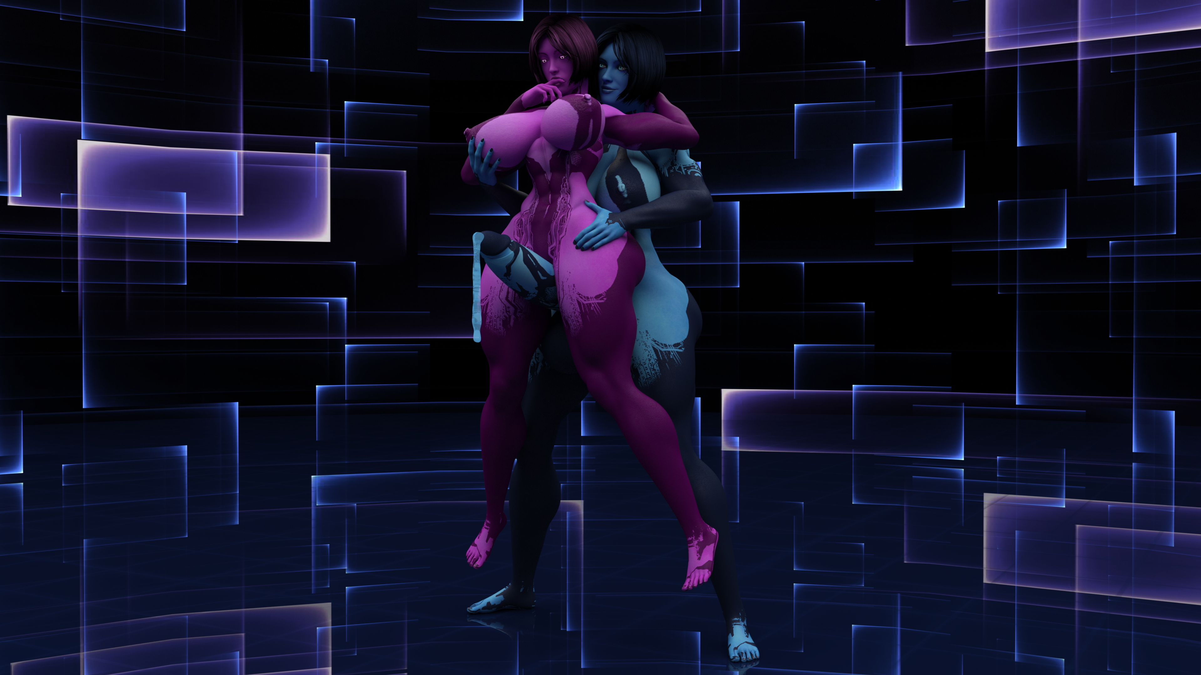 Cortana Selfcest Standing Cortana Sex Futa Futa On Female Female Abs Muscles Tall Size Difference Rough Penetration Cum Inflation Glowing Eyes Butt job Cum Pool