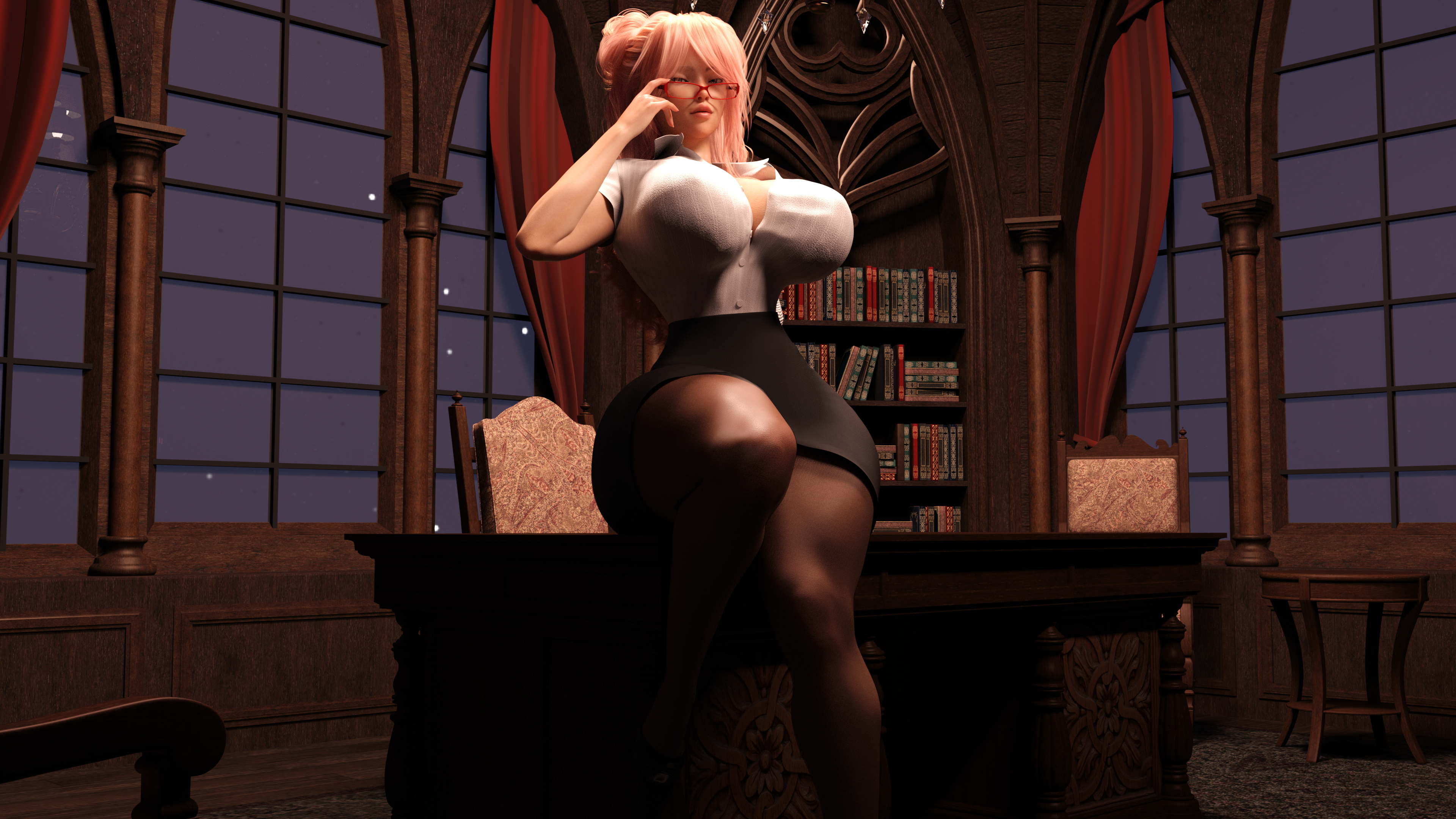 Rit Office Strip  Office Glasses Stripping Clothed Stockings Skirt Pink Hair Night Looking At Viewer Huge Breasts Huge Ass Abs Muscles