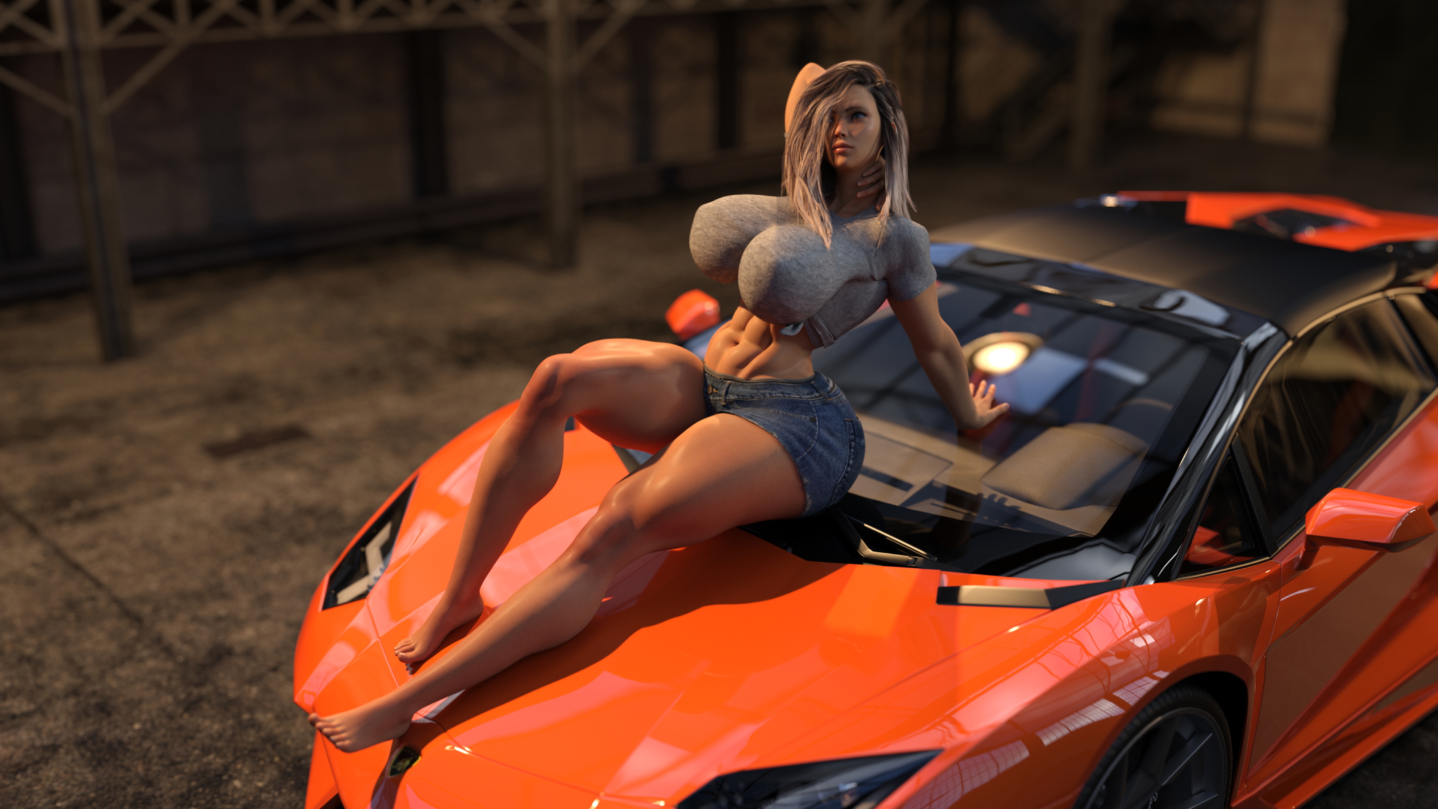 Alessa On The Car Warehouse Clothed Booty Shorts Car Huge Breasts Huge Ass Abs Muscles Tall