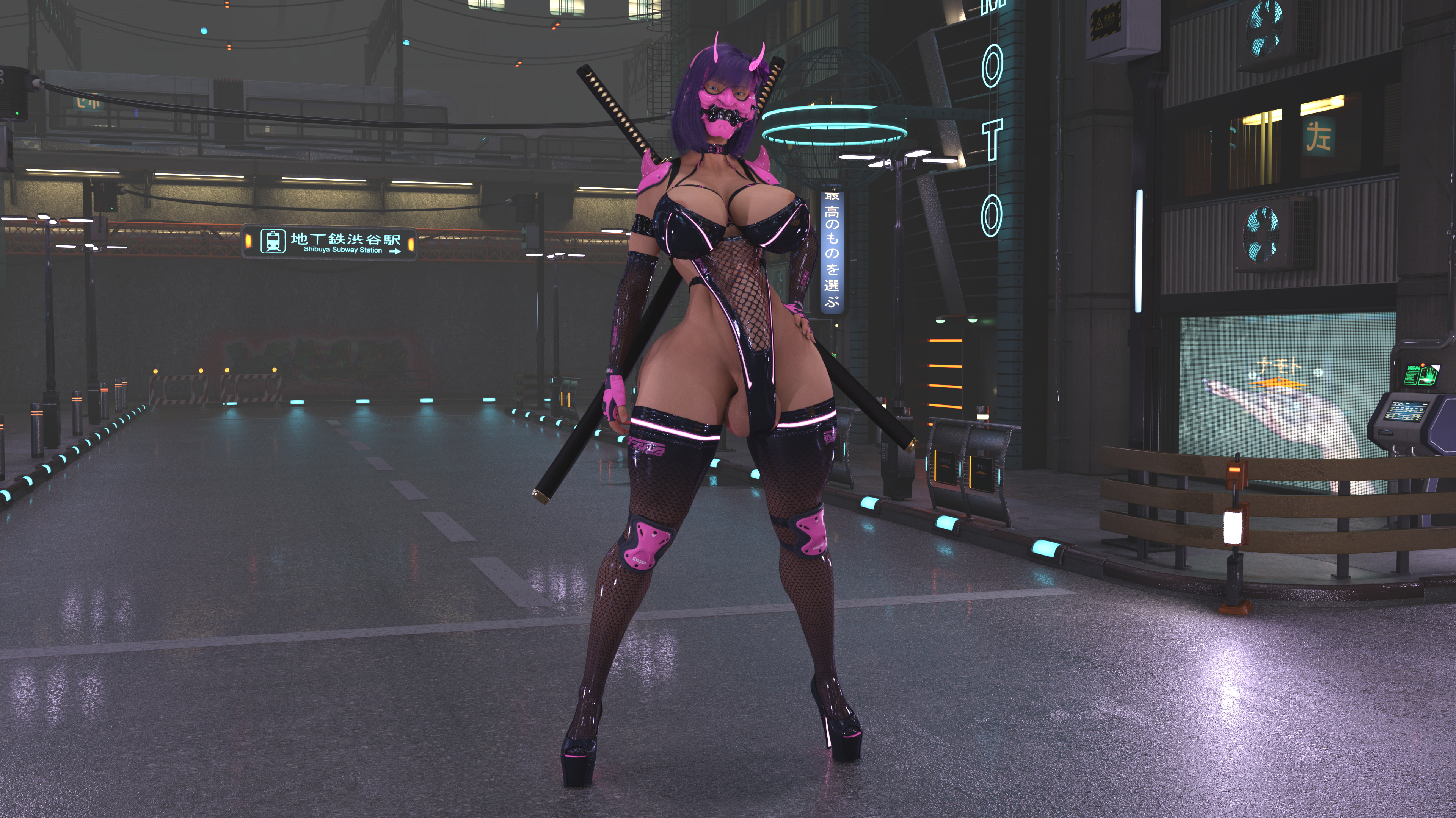 Natt Cyber Ninja One Piece Purple Hair Abs Muscles Cyber Ninja Samurai High Heels Clothed Thigh Highs Mask Horns Cyberpunk Night Tall 2
