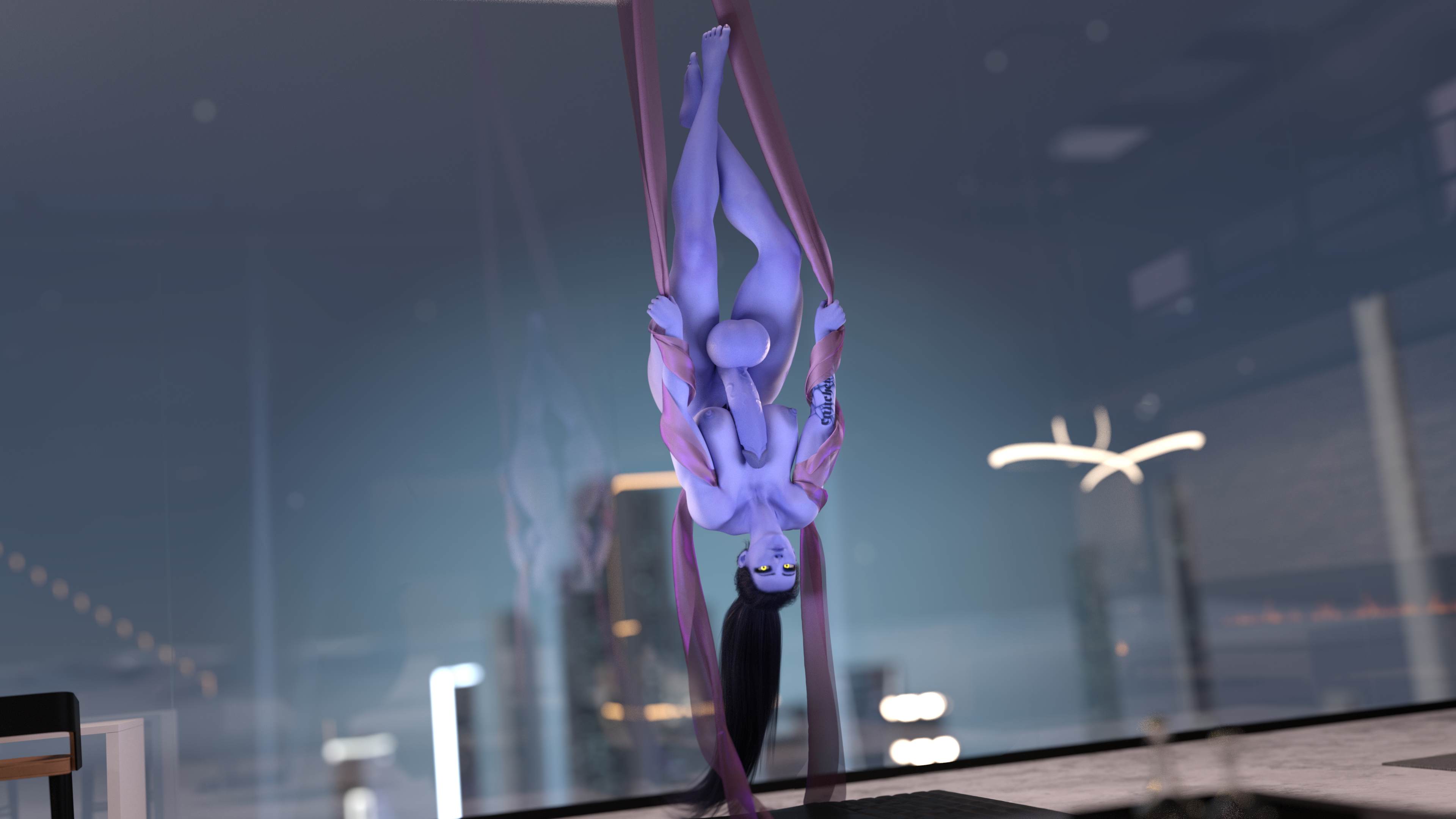 Widowmaker Aerial Hang Widowmaker Overwatch Amelie Lacroix Futa Purple Skin Purple Hair Long Hair Abs Muscles Huge Breasts Huge Ass Huge Cock 2