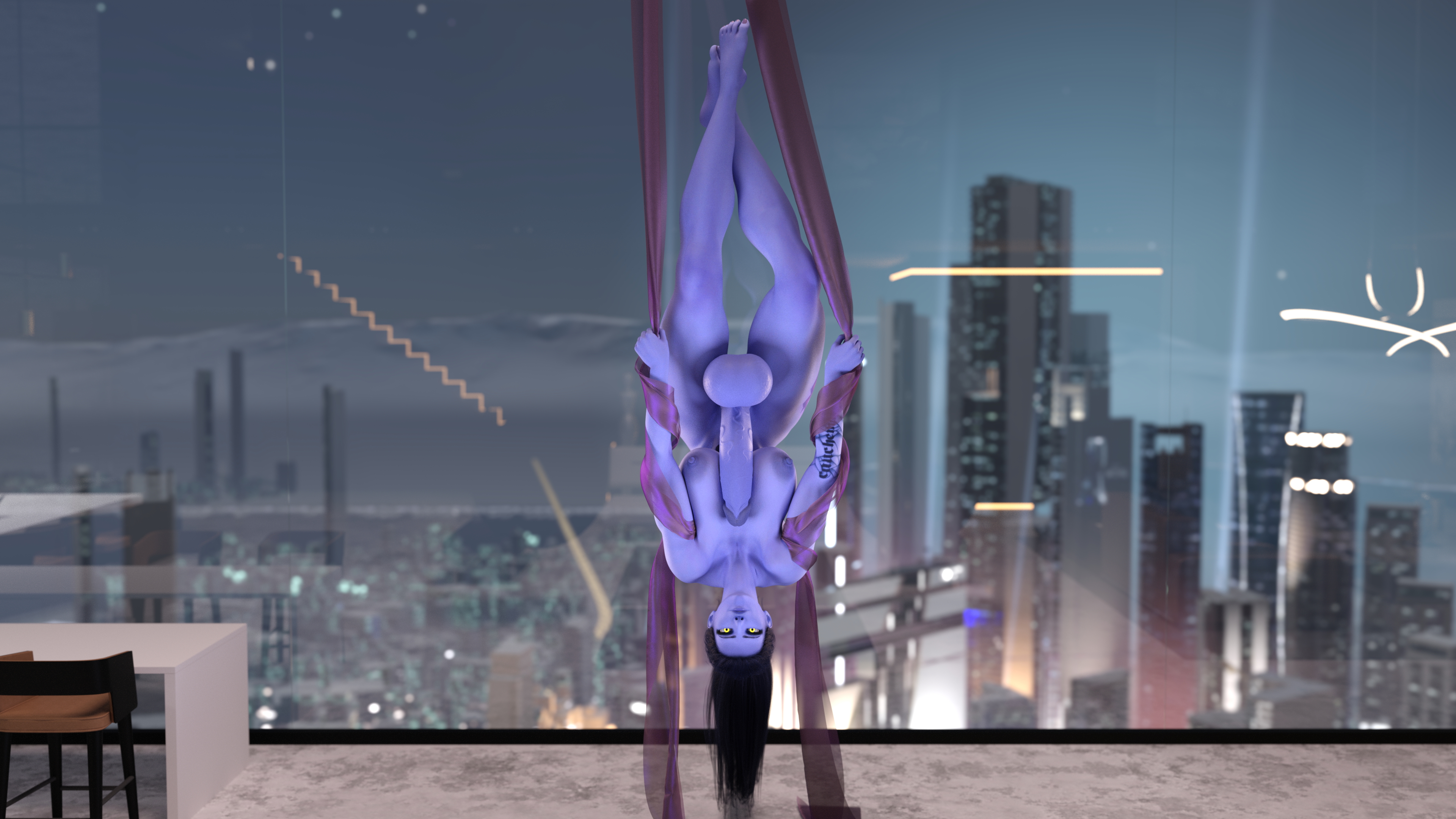 Widowmaker Aerial Hang Widowmaker Overwatch Amelie Lacroix Futa Purple Skin Purple Hair Long Hair Abs Muscles Huge Breasts Huge Ass Huge Cock 5