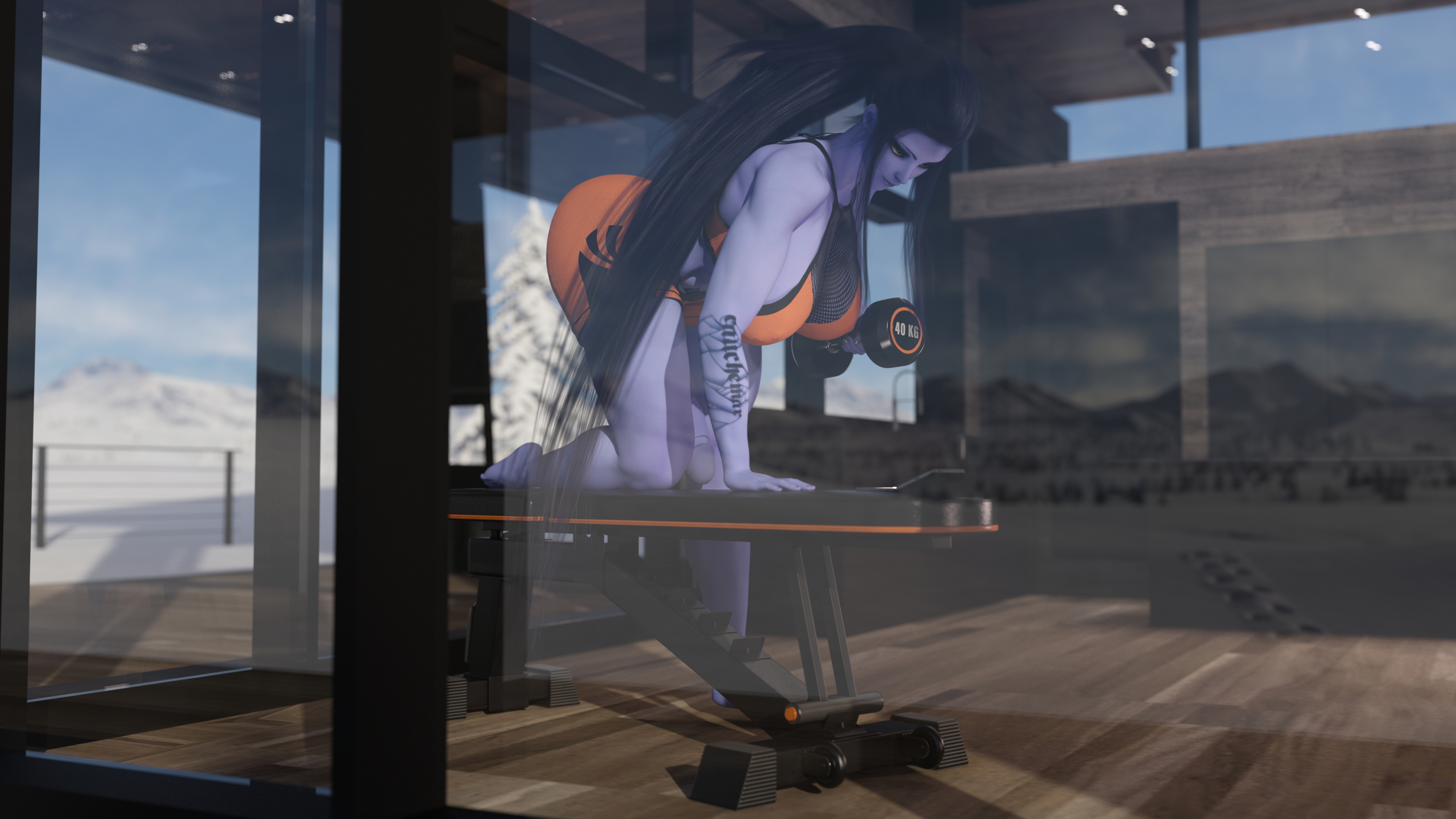Widowmaker Split Row Widowmaker Overwatch Amelie Lacroix Futa Solo Huge Breasts Huge Ass Huge Cock Abs Muscles Tall Exercise Purple Hair Purple Skin 3