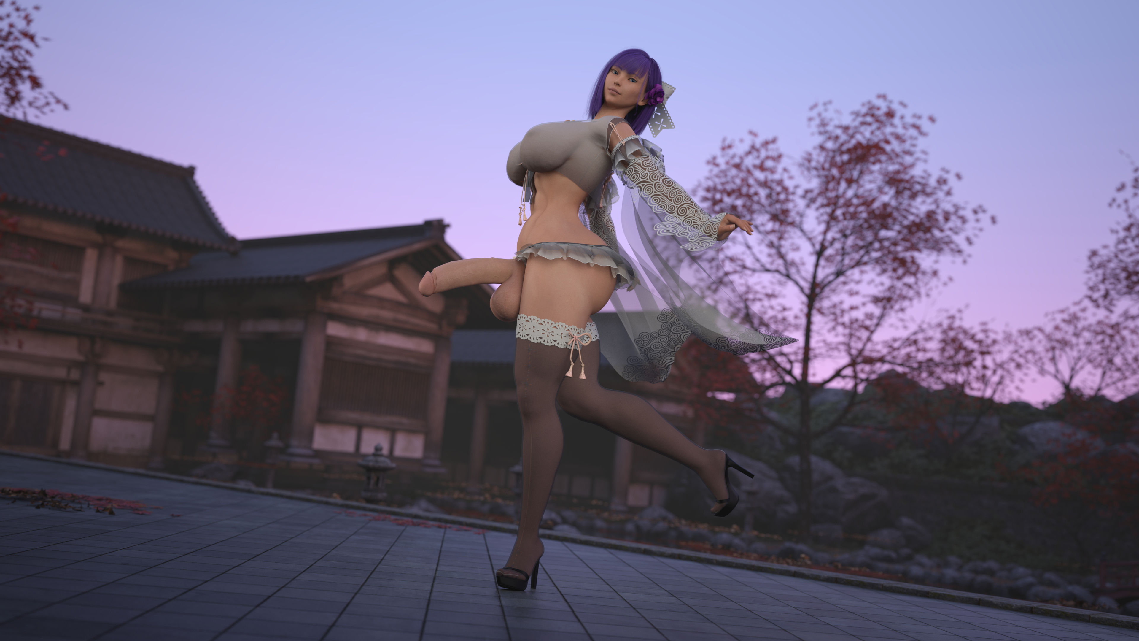Natt Shrine Dance  Purple Hair Japanese Futa Clothed Huge Breasts Huge Ass Huge Cock Abs Muscles