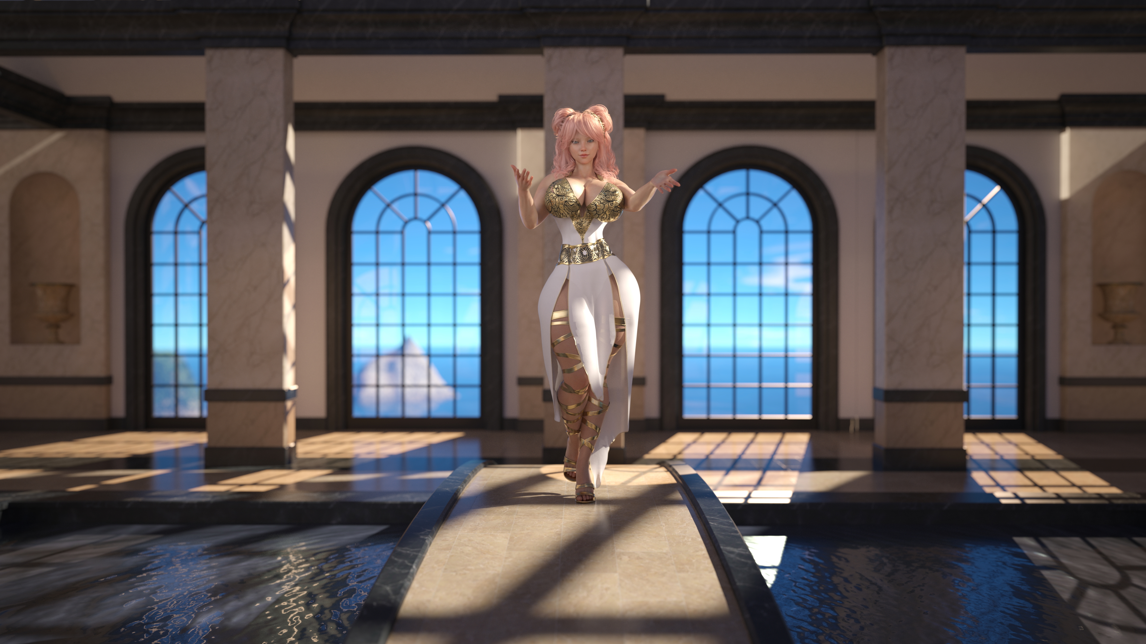 Rit Temple Goddess Aphrodite Sunny Pink Hair Muscles Abs Huge Breasts Huge Ass Goddess Greek Water Female Clothed