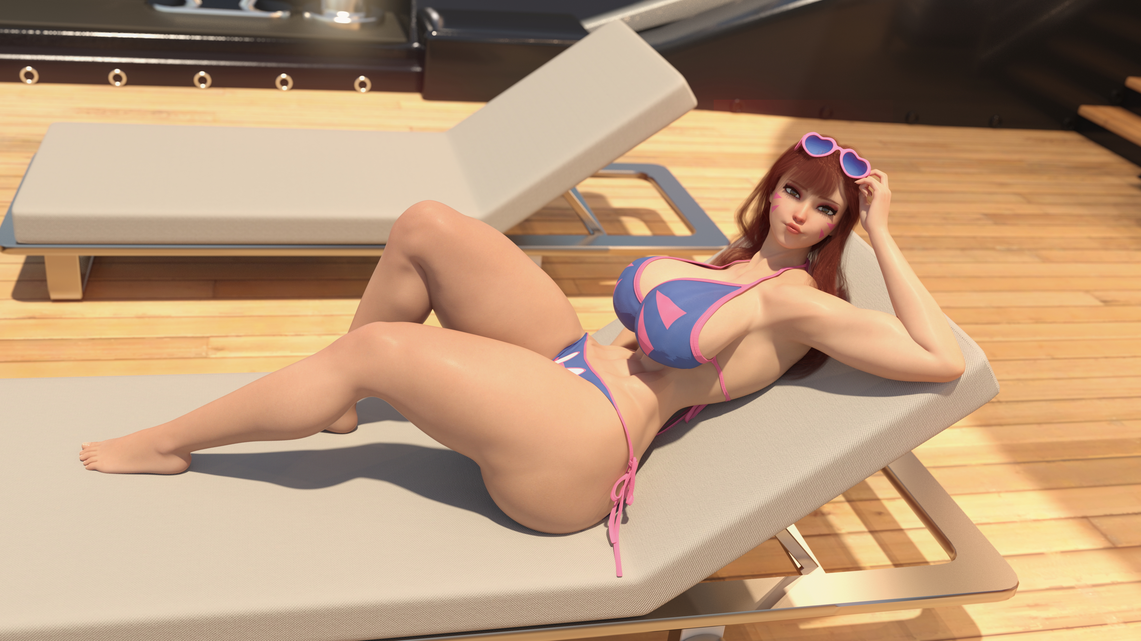D.VA Poolside Tan D.va Hana Song Overwatch Sunny Ocean Poolside Laying Laying Down Huge Breasts Huge Ass Female Brown Hair Long Hair Sunglasses Bikini Abs Muscles