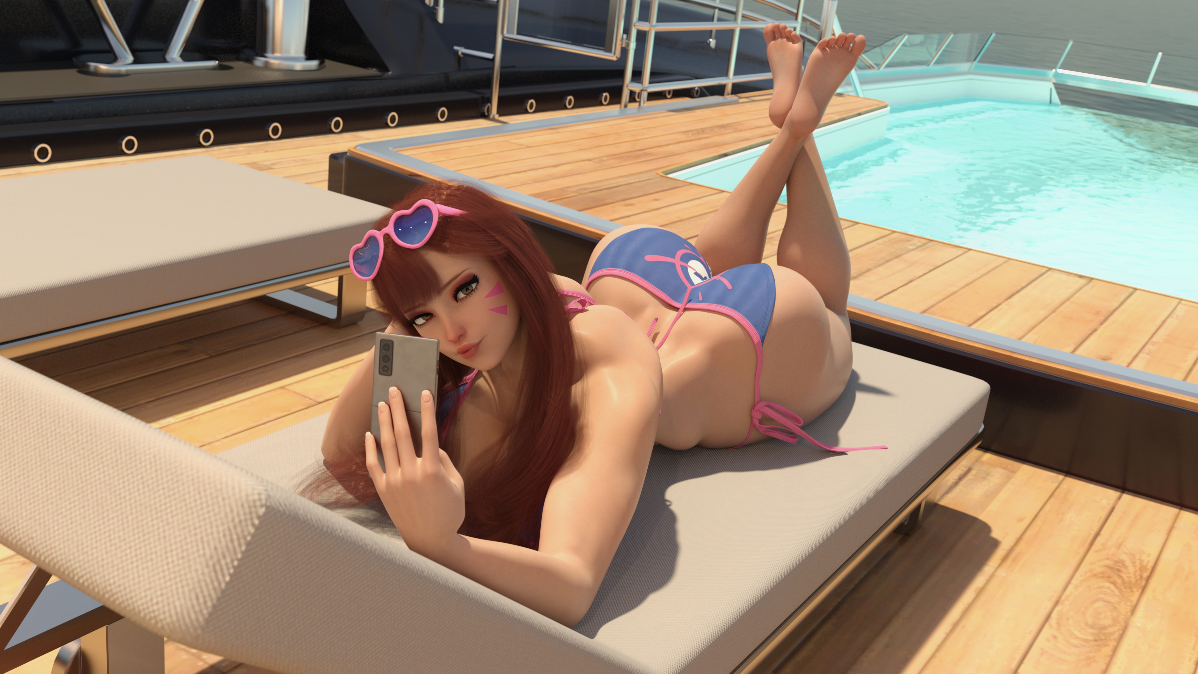 D.VA Poolside Tan D.va Hana Song Overwatch Sunny Ocean Poolside Laying Laying Down Huge Breasts Huge Ass Female Brown Hair Long Hair Sunglasses Bikini Abs Muscles 2