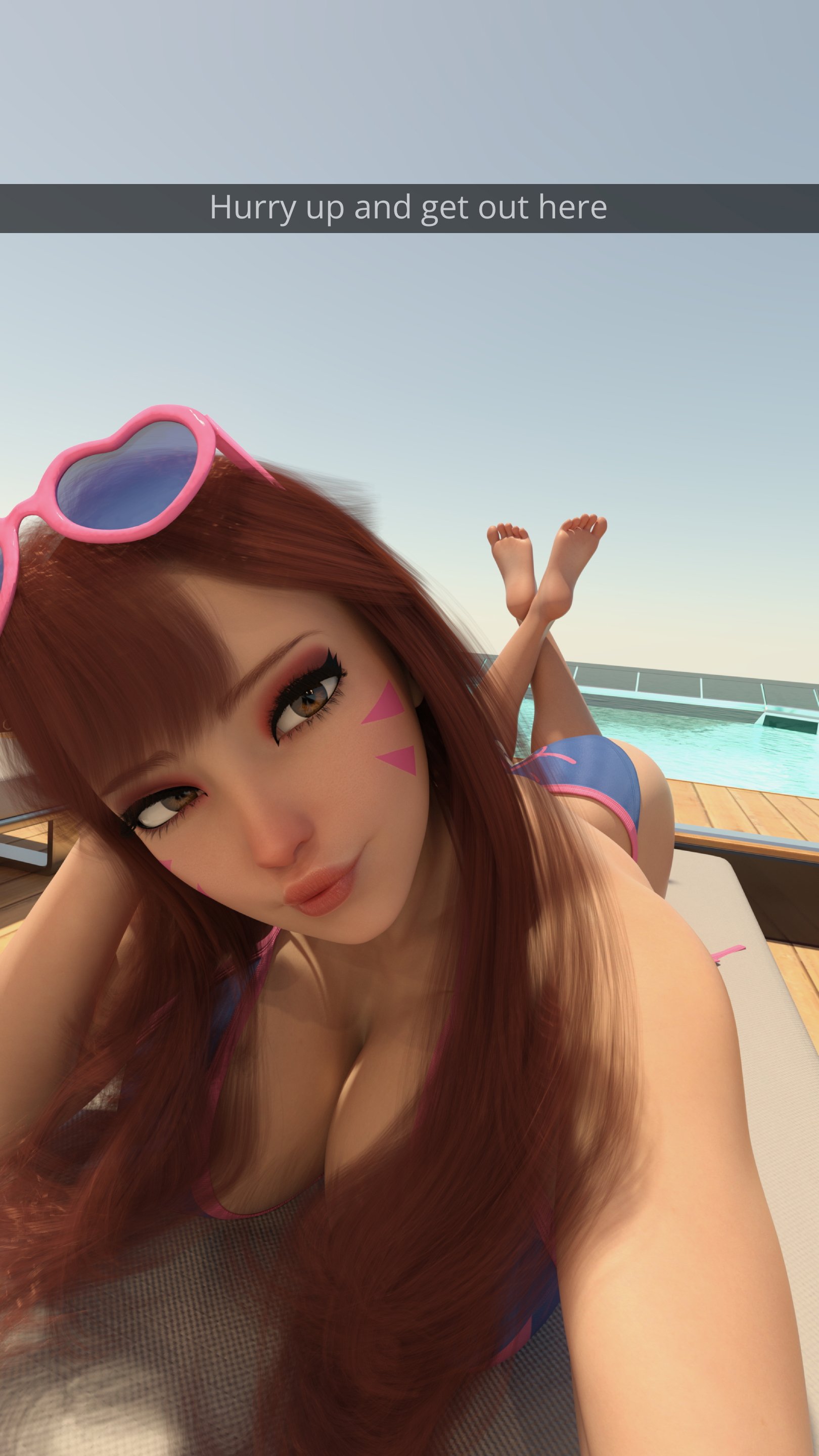 D.VA Poolside Tan D.va Hana Song Overwatch Sunny Ocean Poolside Laying Laying Down Huge Breasts Huge Ass Female Brown Hair Long Hair Sunglasses Bikini Abs Muscles 4
