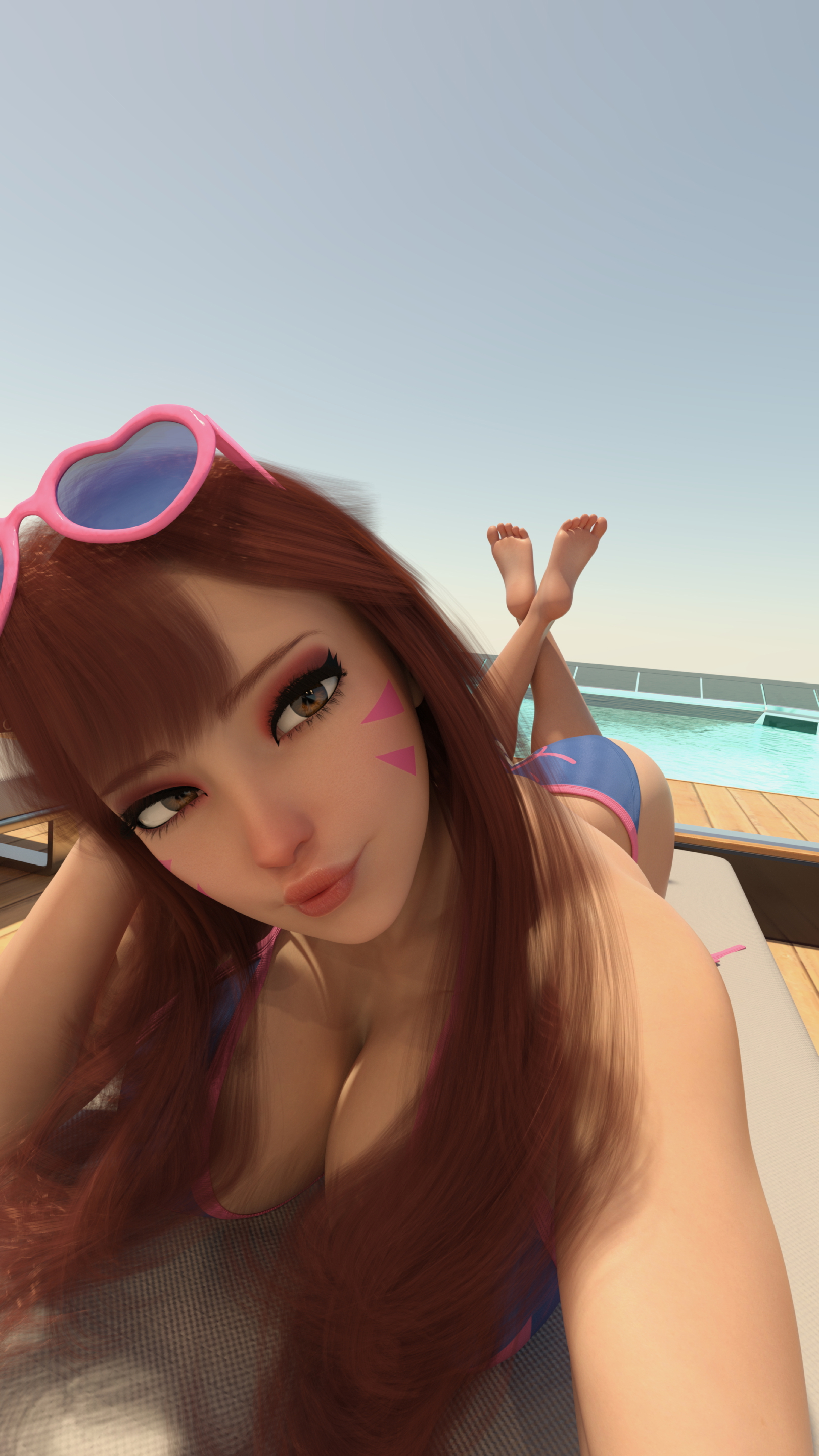 D.VA Poolside Tan D.va Hana Song Overwatch Sunny Ocean Poolside Laying Laying Down Huge Breasts Huge Ass Female Brown Hair Long Hair Sunglasses Bikini Abs Muscles 5