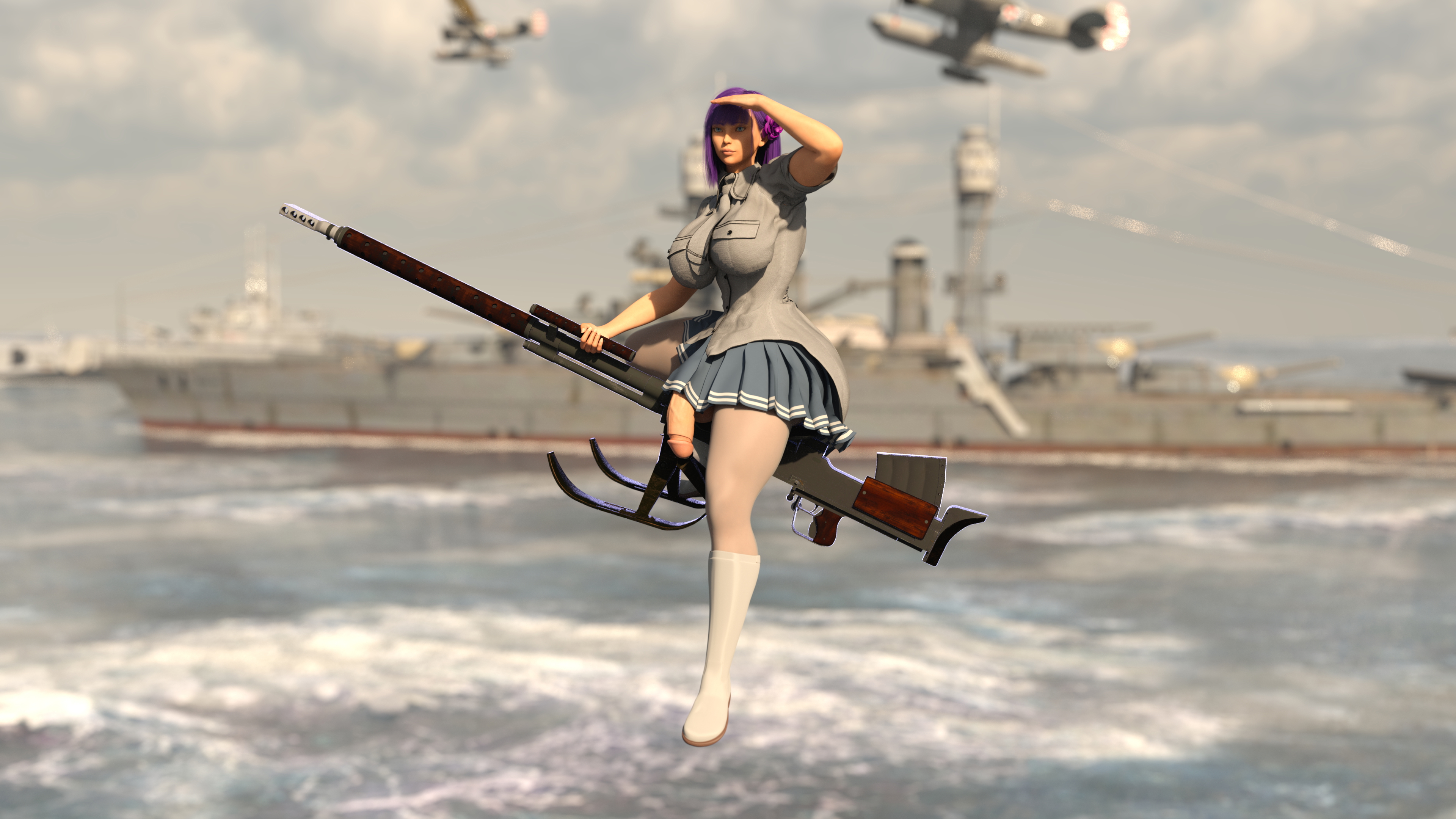 Natt Gun Witch Ocean Purple Hair Abs Muscles Sunset Gun Witch Futa Clothed Flying Stockings Boots Skirt