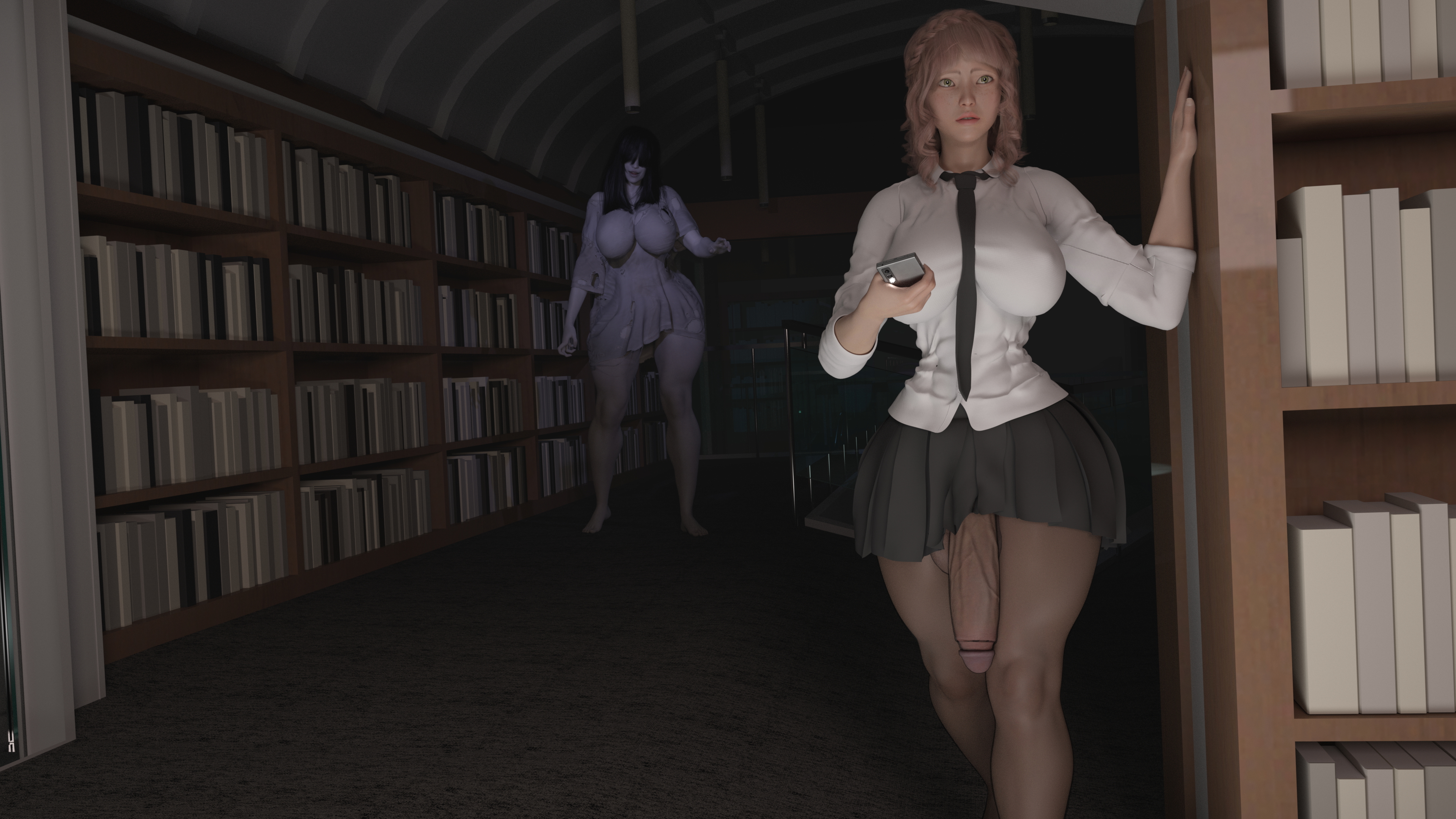 Alice Nighttime Dare Alice Ghost Futa Female School College Uniform Clothed Huge Cock Size Difference Huge Breasts Huge Ass Abs Muscles Light Library