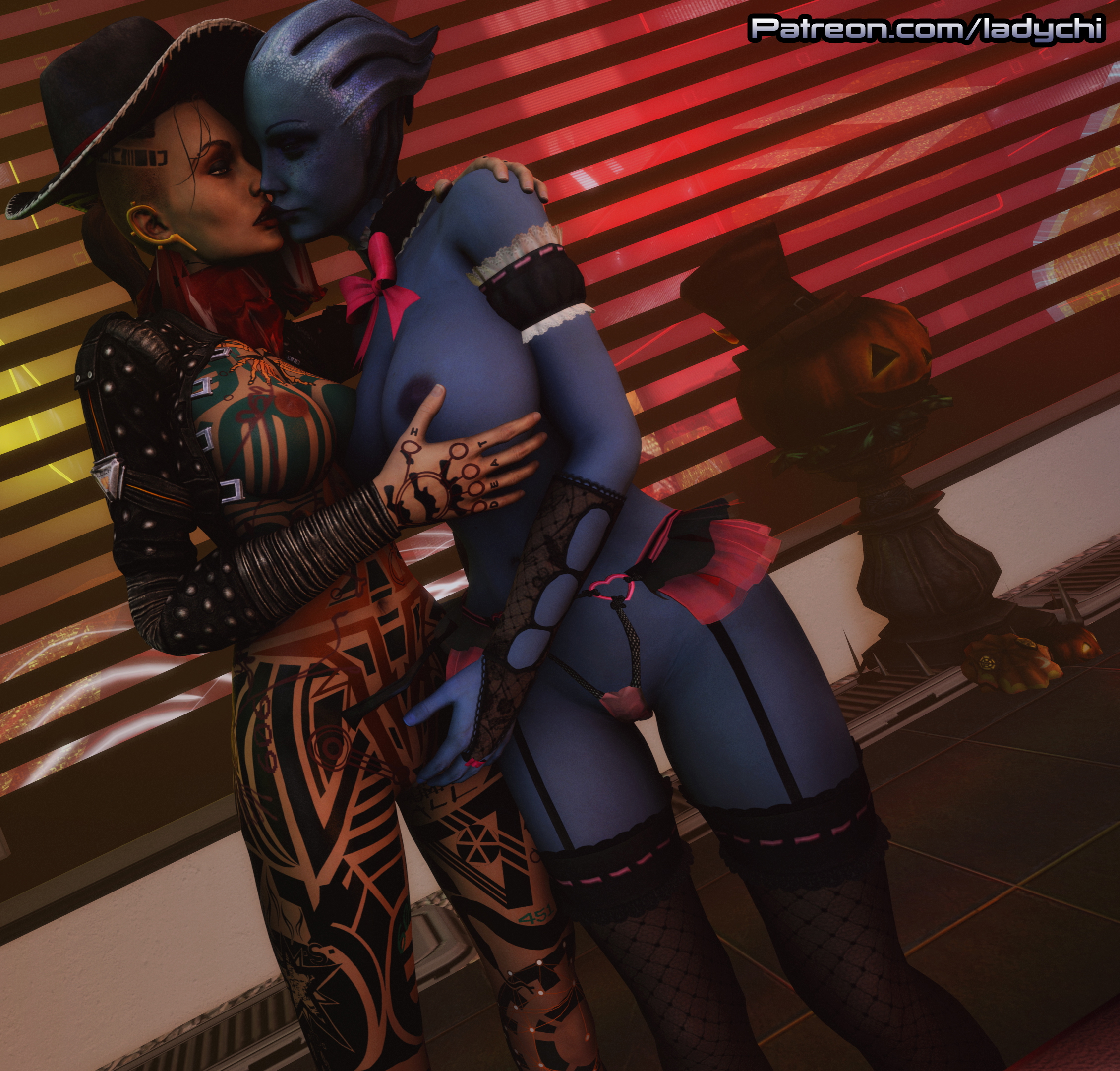 The Halloween party intensifies!  Doa Mass Effect Asari (mass Effect) Commander Shepard Sfm Nude Halloween Naked Anal Kissing Tattoo Lesbians Lesbian Costume Party 2