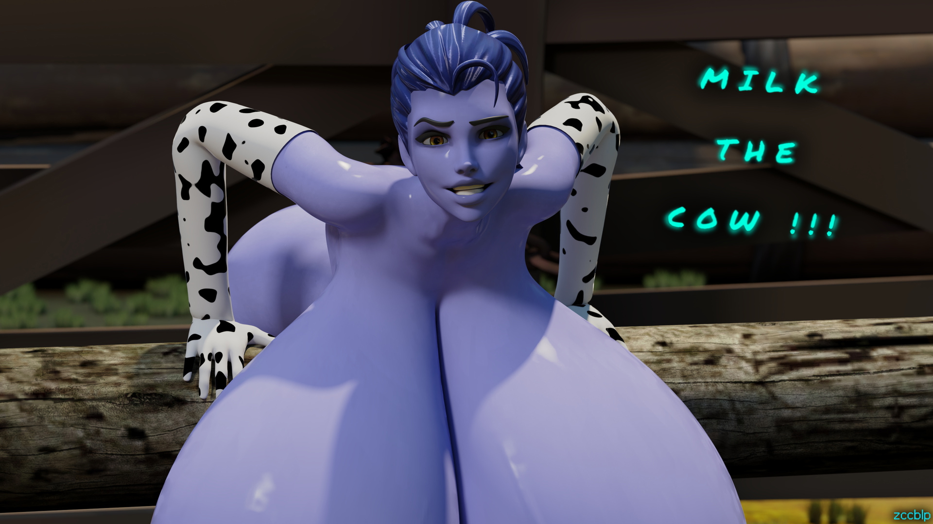 Farm life Overwatch Tracer Widowmaker Cow Futanari Hyper Breasts Huge Cock Huge Balls Lactation Thick Thighs Thigh Highs Blue Skin Veiny Breasts 4