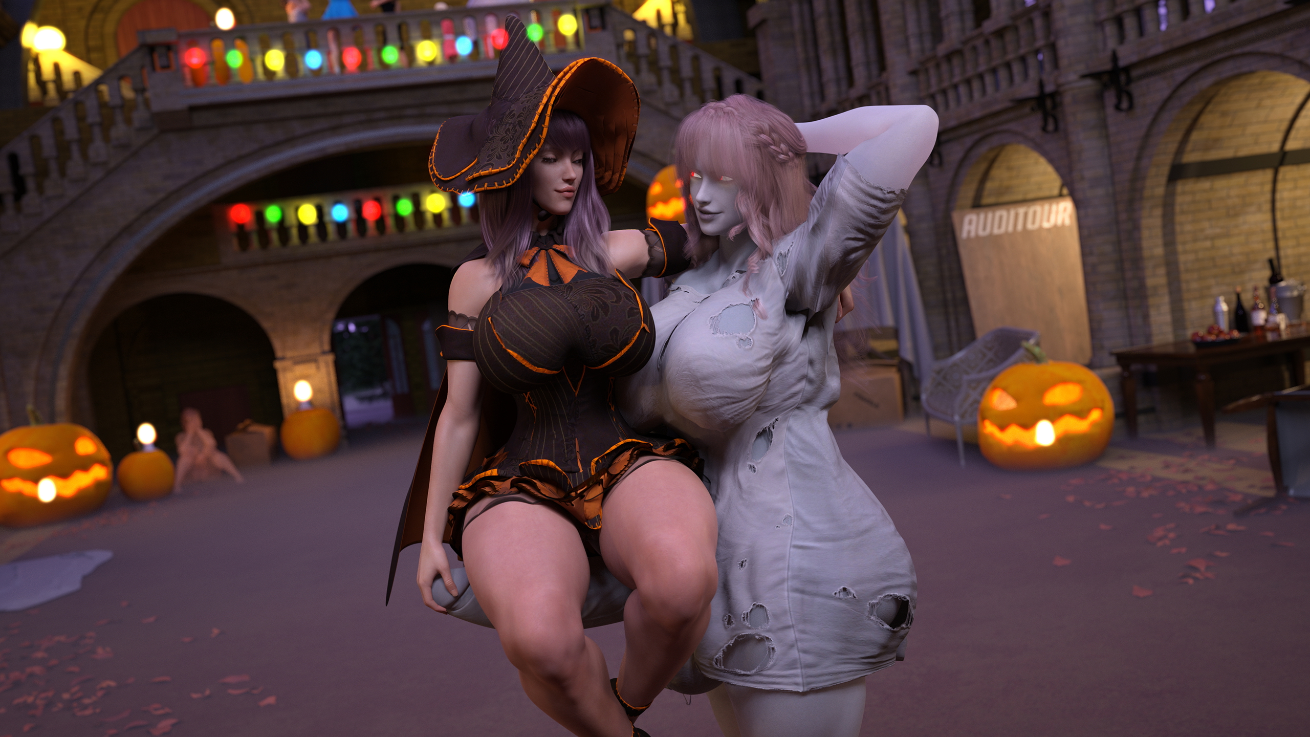 Alis and Sophie Happy Halloween (+Alts) Alice Sophie Tall Futa Female Abs Muscles Ghost Possession Transformation Witch Halloween
