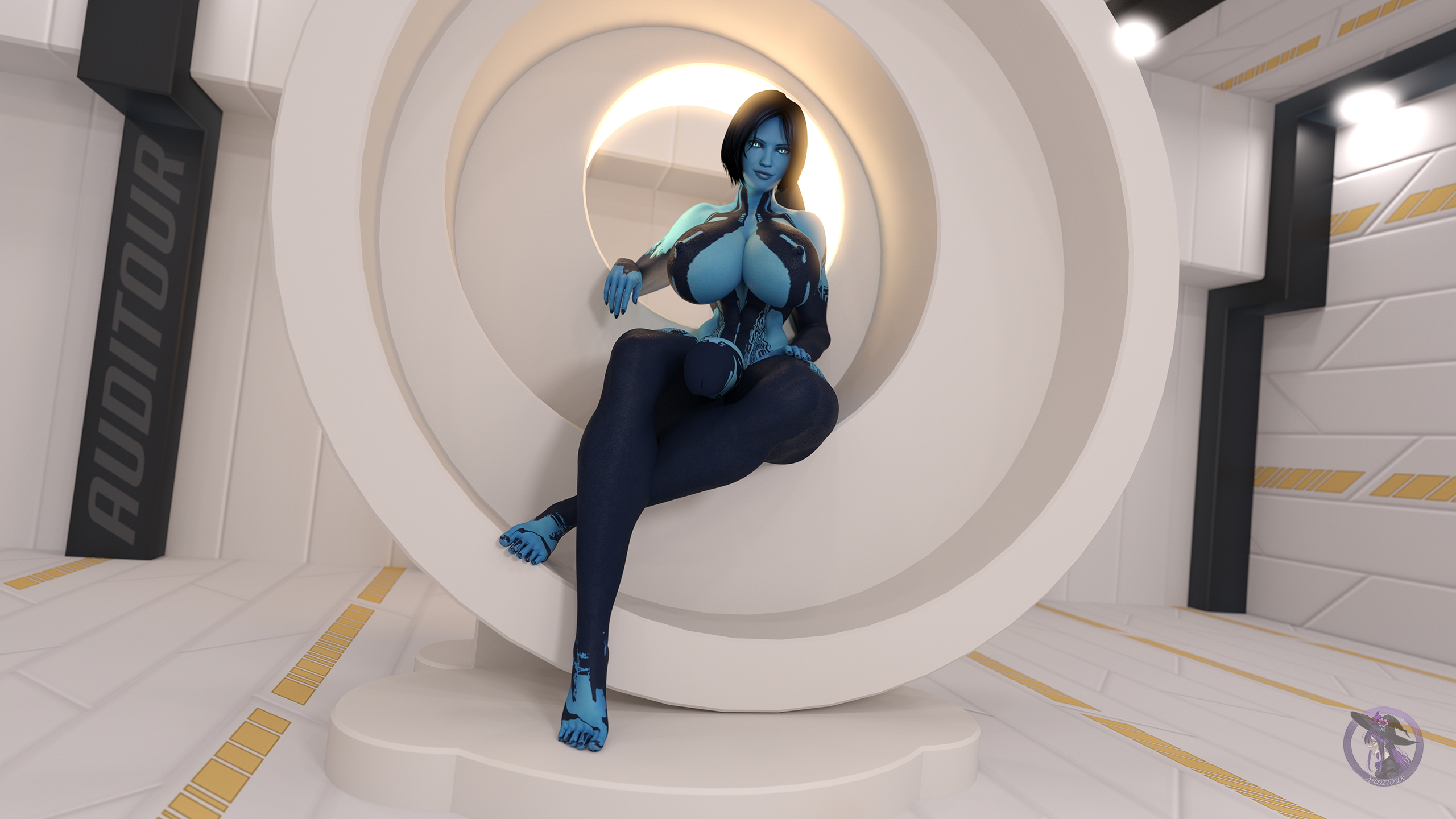 Cortana Awaits Cortana Halo Blue Skin Futa Solo Sitting Looking At Viewer Huge Breasts Huge Ass Huge Cock Tall Abs Muscles
