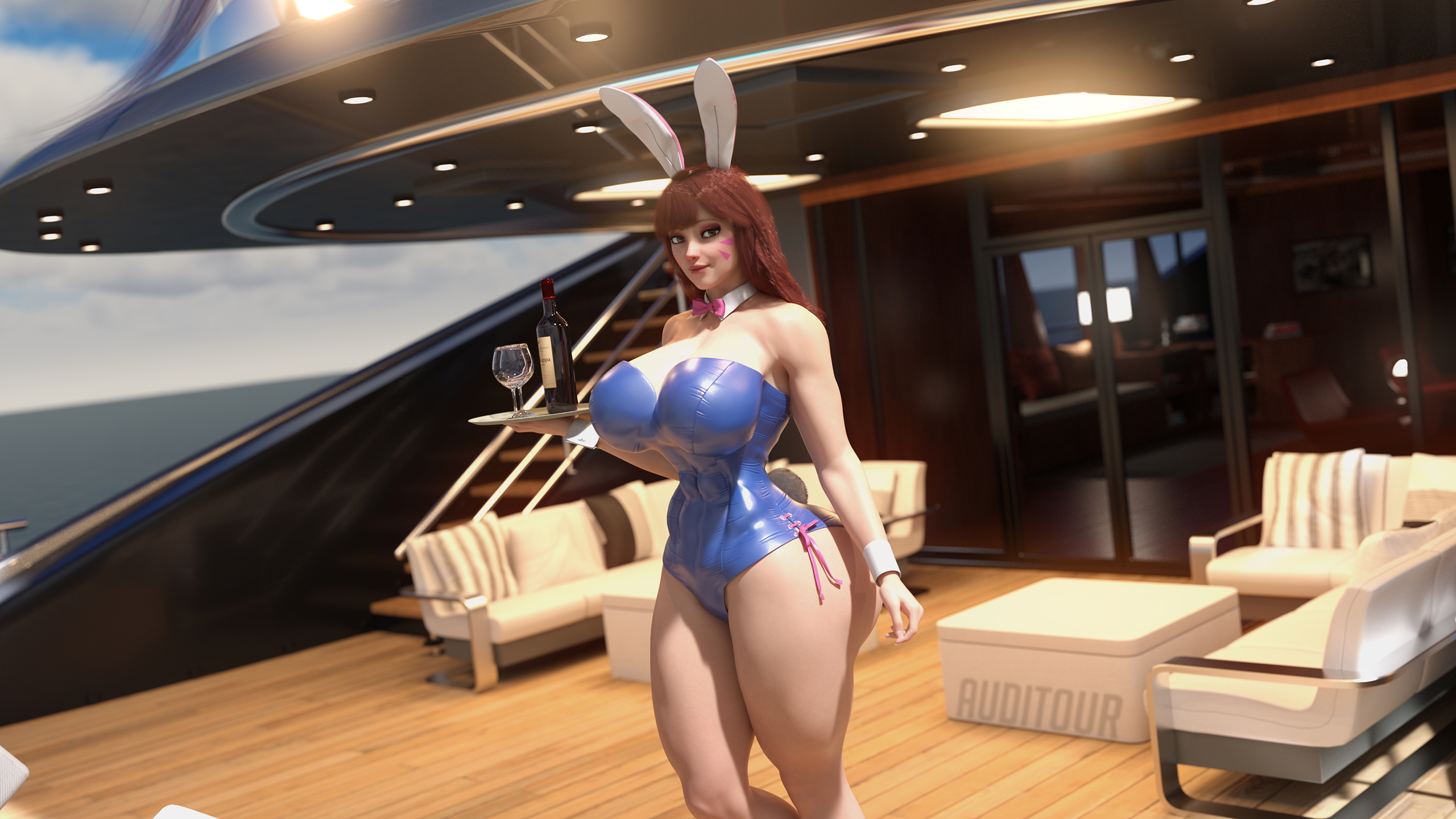 D.VA Bunny Suit D.va Hana Song Overwatch Ocean Huge Breasts Huge Ass Female Solo Bunny Suit Bunny Ears High Heels Looking At Viewer Abs Muscles