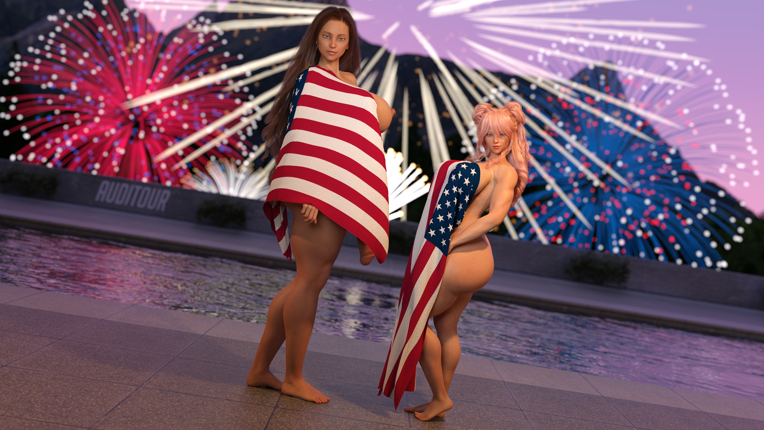 2nd 4th of July  Pink Hair Tall Size Difference Futa Female Nude Huge Breasts Huge Ass Huge Cock Muscles Abs Celebration