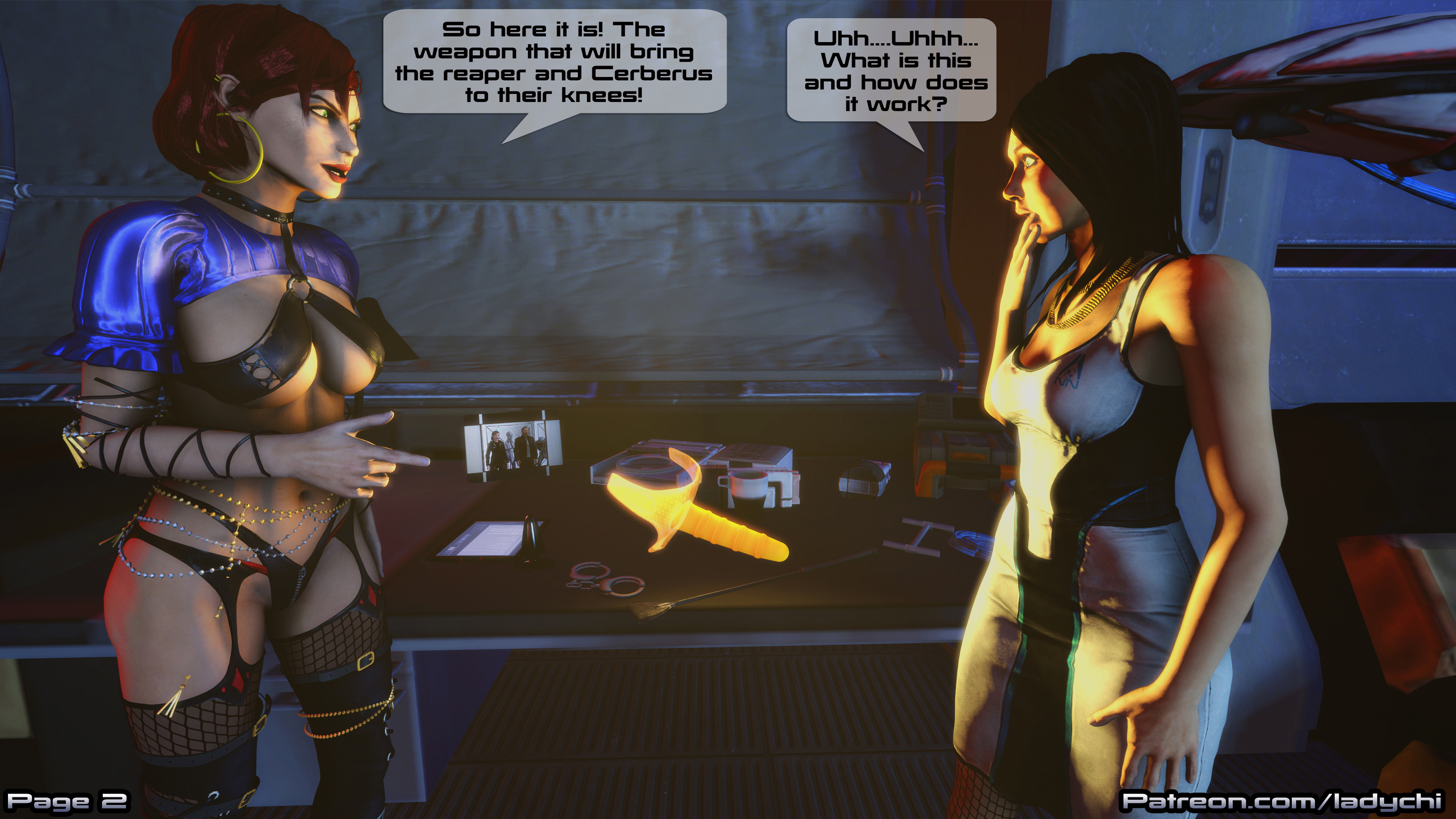 My Latest comic the  secret weapon!  Page 3 Shepard revels the weapon!    Mass Effect Lesbian Strap On Video Games Comic Sfm 3d Girl