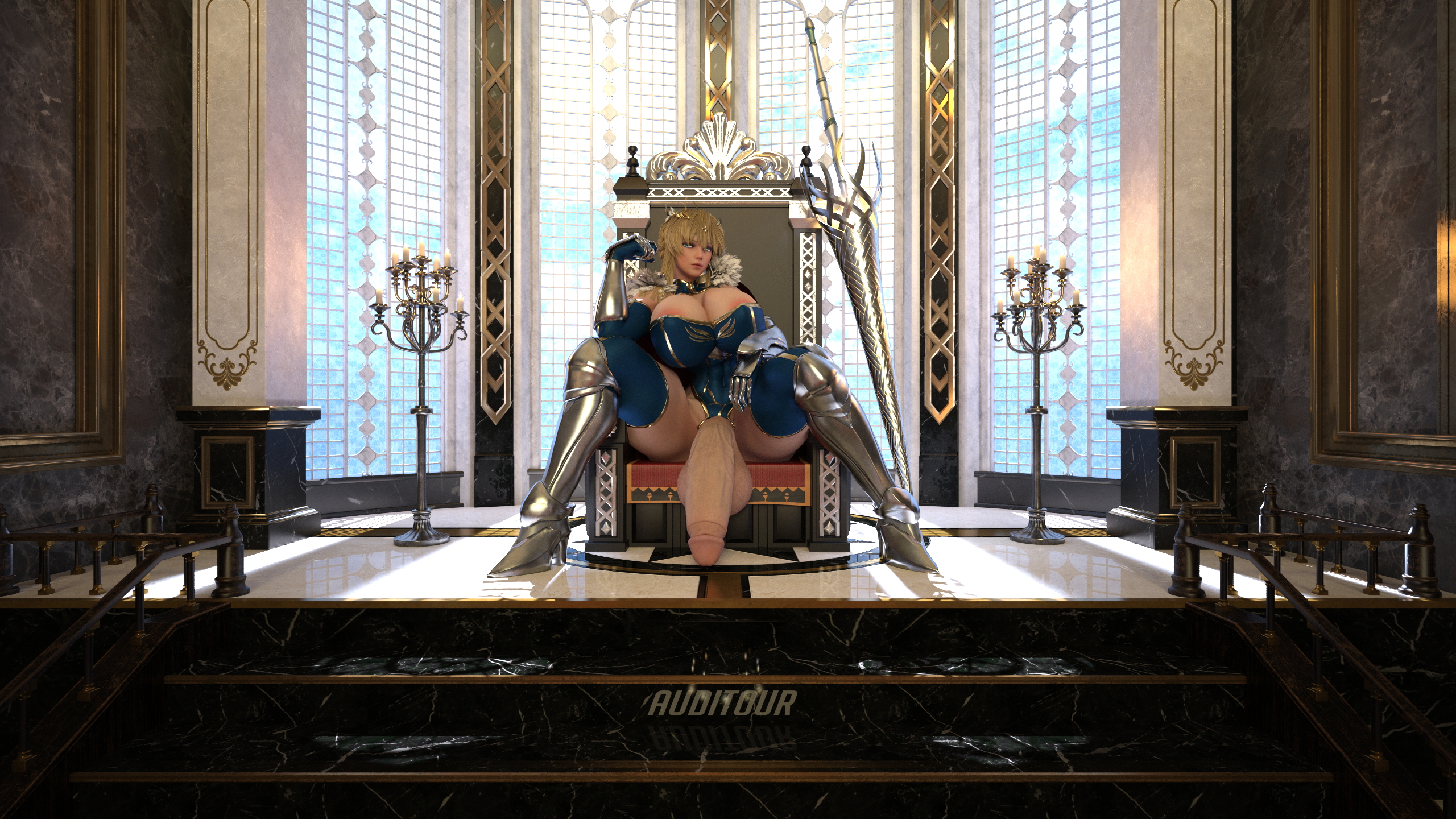 Lancer Throne  Abs Muscles Huge Cock Huge Breasts Huge Ass High Heels Looking At Viewer Glowing Eyes Sitting Clothed Anime Tall Giantess Solo Futa