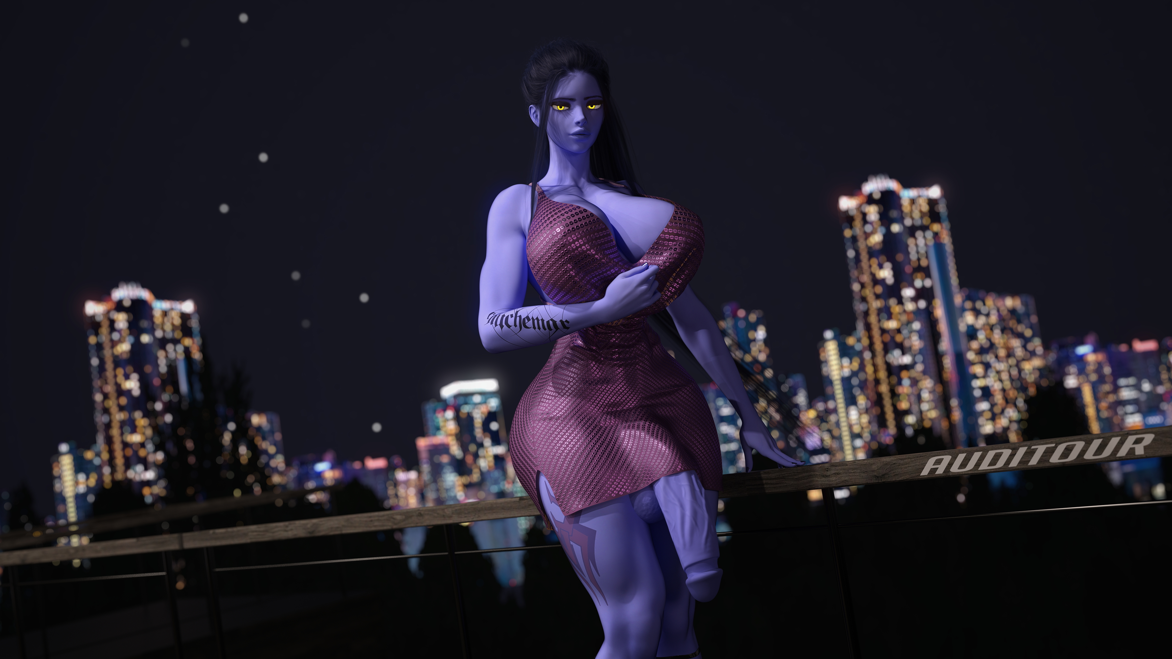 Widowmaker Getting Some Fresh Air Widowmaker Amelie Lacroix Futa Solo Outdoors Dress Tight Dress Looking At Viewer Glowing Eyes City Huge Breasts Huge Ass Huge Cock Abs Muscles Ponytail Long Hair Purple Skin