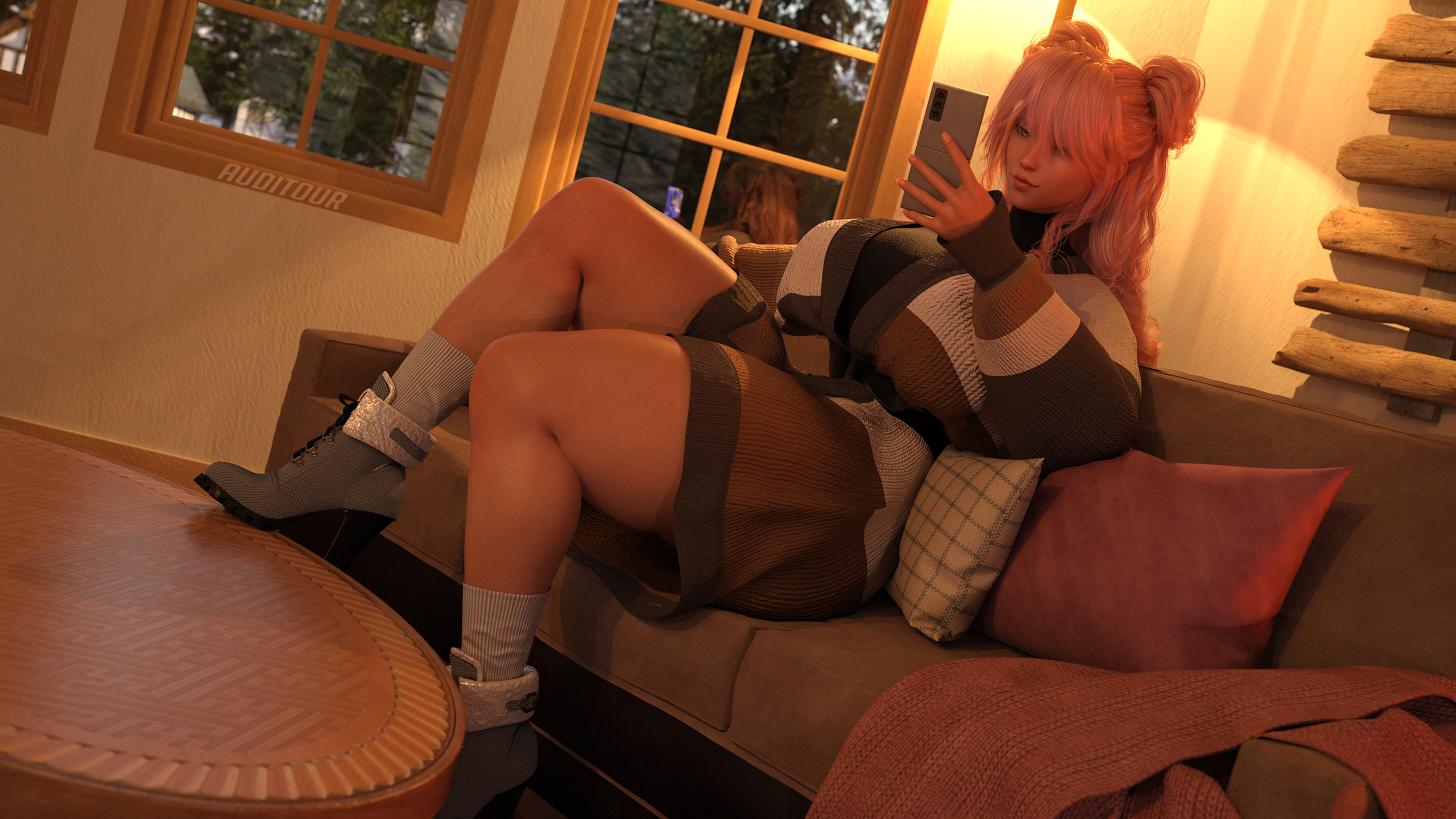 Rit Chilly Times  Pink Hair Abs Muscles Long Hair Clothed High Heels Huge Breasts Huge Ass Sfw