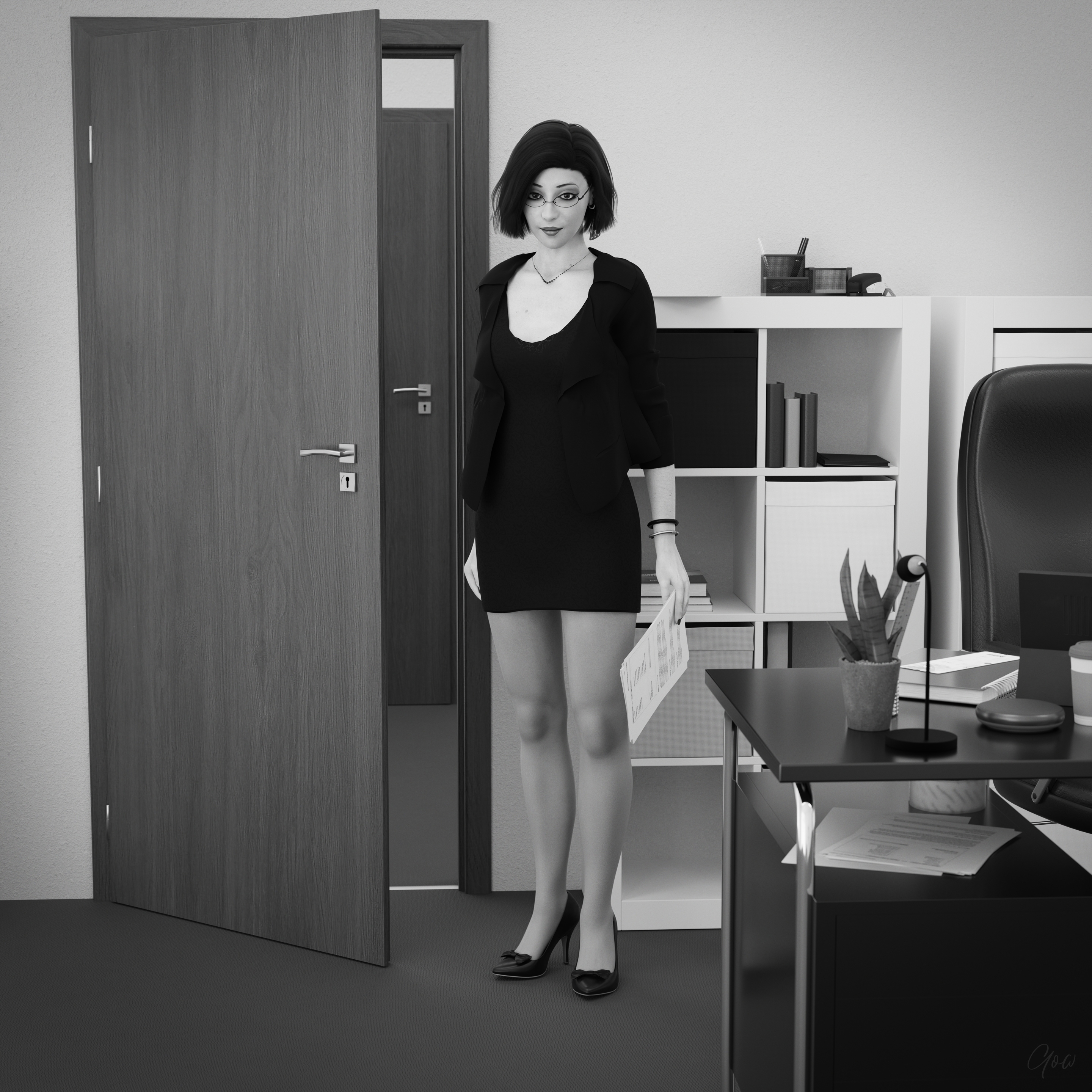 High Contrast Office tease - Part 1   Milf Sexy Brunette Office_lady Office Tease Skirt Upskirt Spread Legs Standing Black And White Pantyhose High Heels Clothed Partially_clothed Long Legs Secretary Desk Wet Pussy No Panties Hairy Pussy Glasses