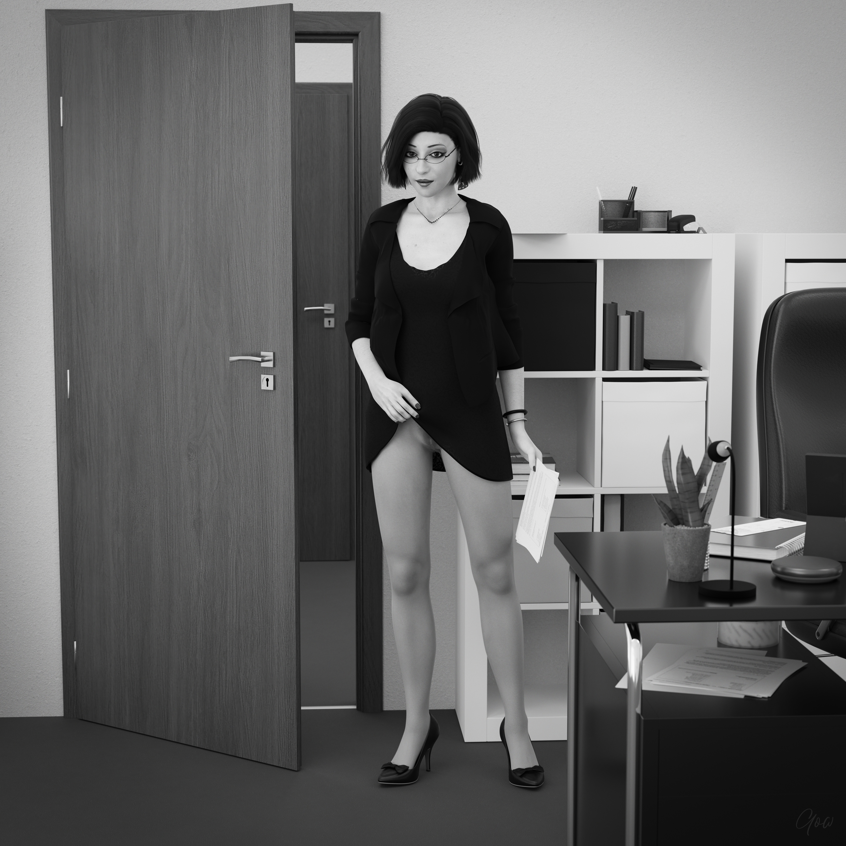 High Contrast Office tease - Part 1   Milf Sexy Brunette Office_lady Office Tease Skirt Upskirt Spread Legs Standing Black And White Pantyhose High Heels Clothed Partially_clothed Long Legs Secretary Desk Wet Pussy No Panties Hairy Pussy Glasses 4
