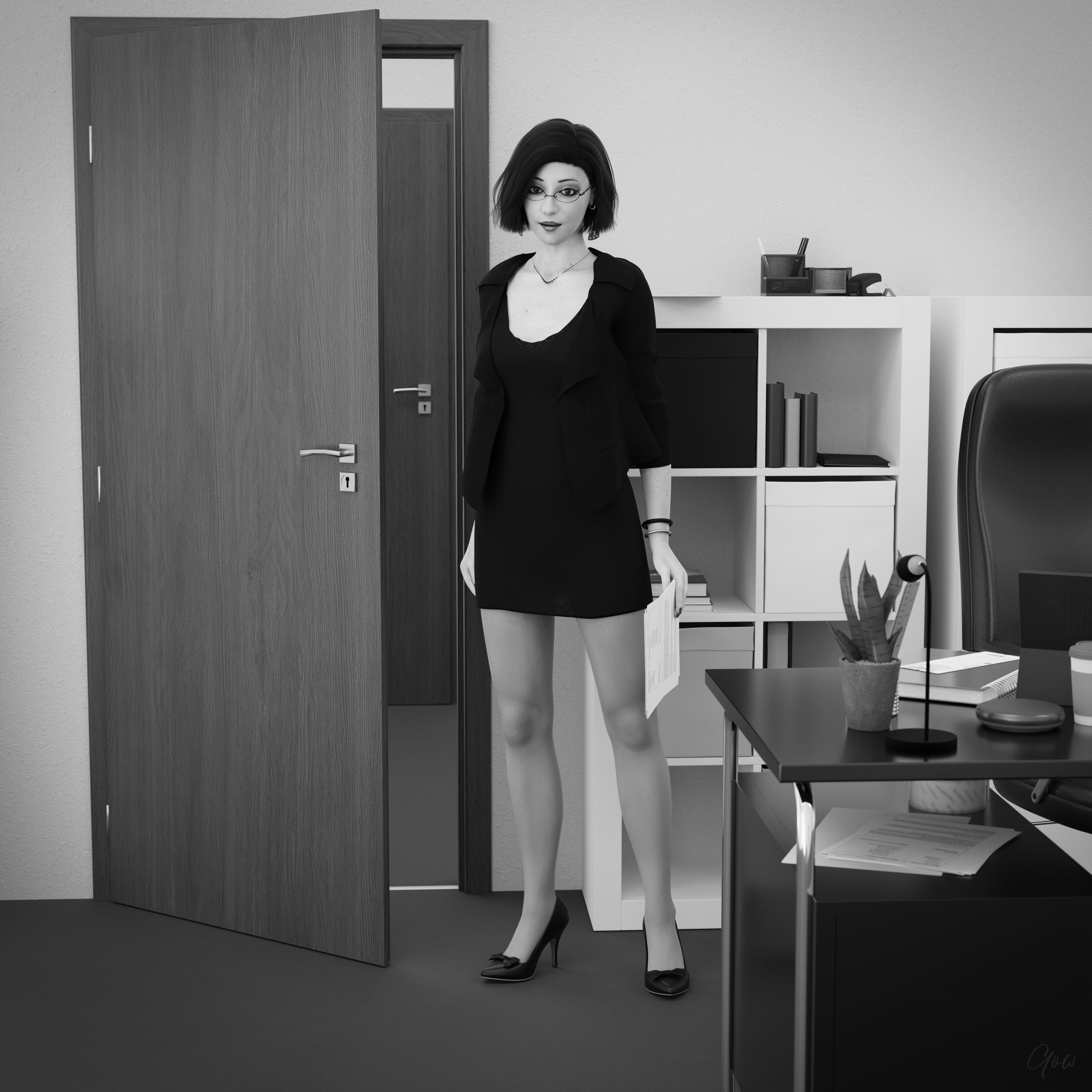 High Contrast Office tease - Part 1   Milf Sexy Brunette Office_lady Office Tease Skirt Upskirt Spread Legs Standing Black And White Pantyhose High Heels Clothed Partially_clothed Long Legs Secretary Desk Wet Pussy No Panties Hairy Pussy Glasses 5