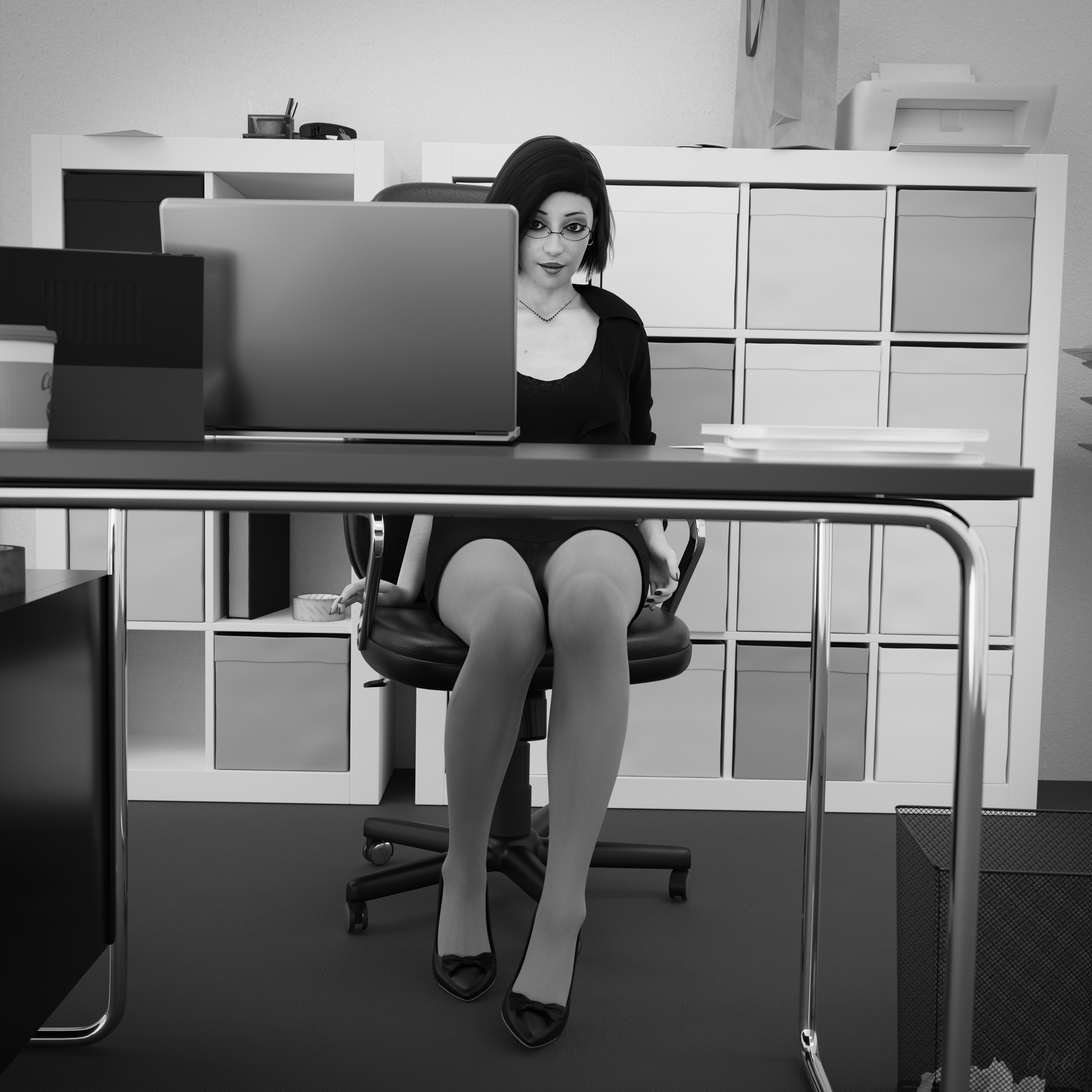 High Contrast Office tease - Part 1   Milf Sexy Brunette Office_lady Office Tease Skirt Upskirt Spread Legs Standing Black And White Pantyhose High Heels Clothed Partially_clothed Long Legs Secretary Desk Wet Pussy No Panties Hairy Pussy Glasses 10