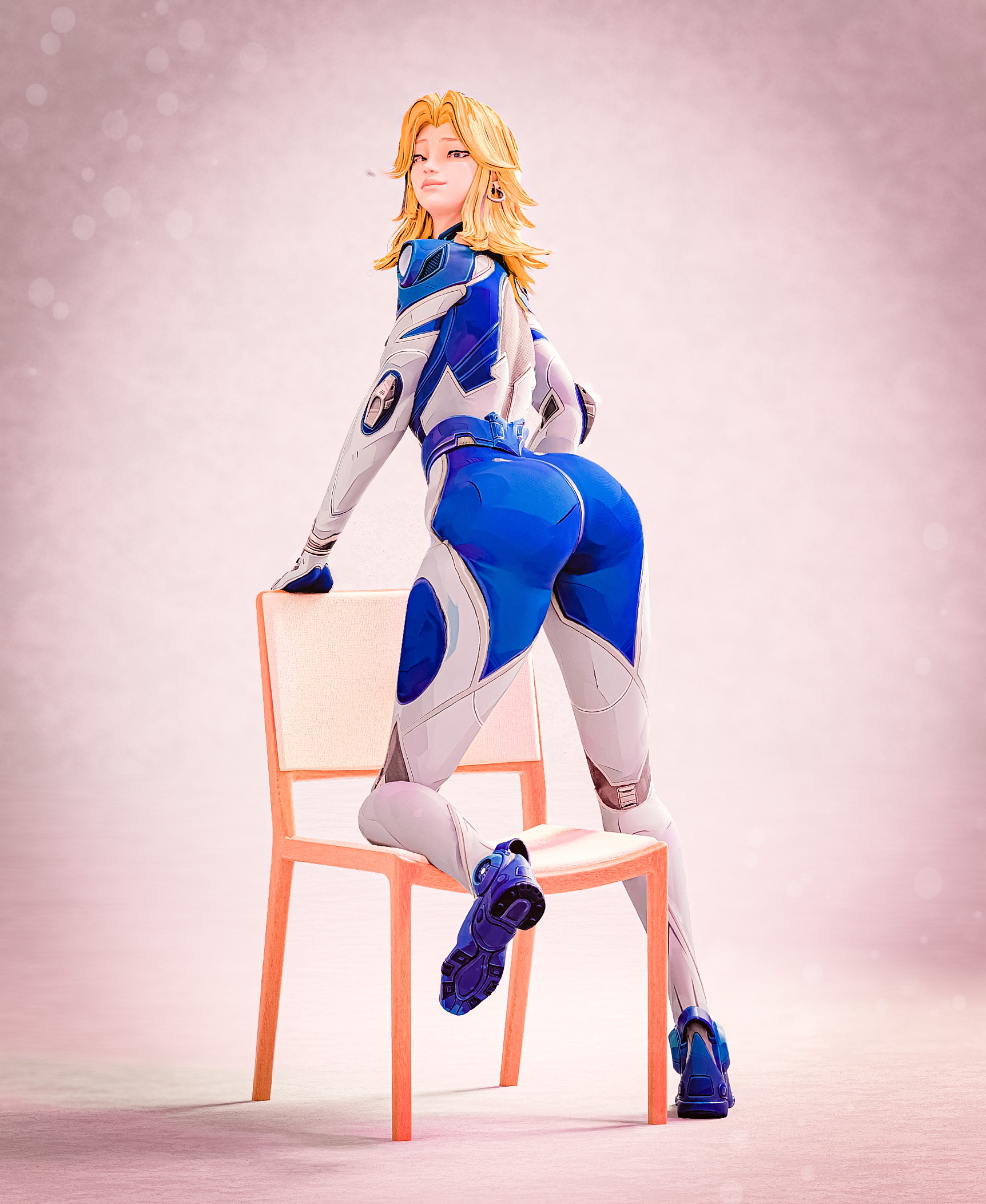 Invisible Woman bent over a chair.