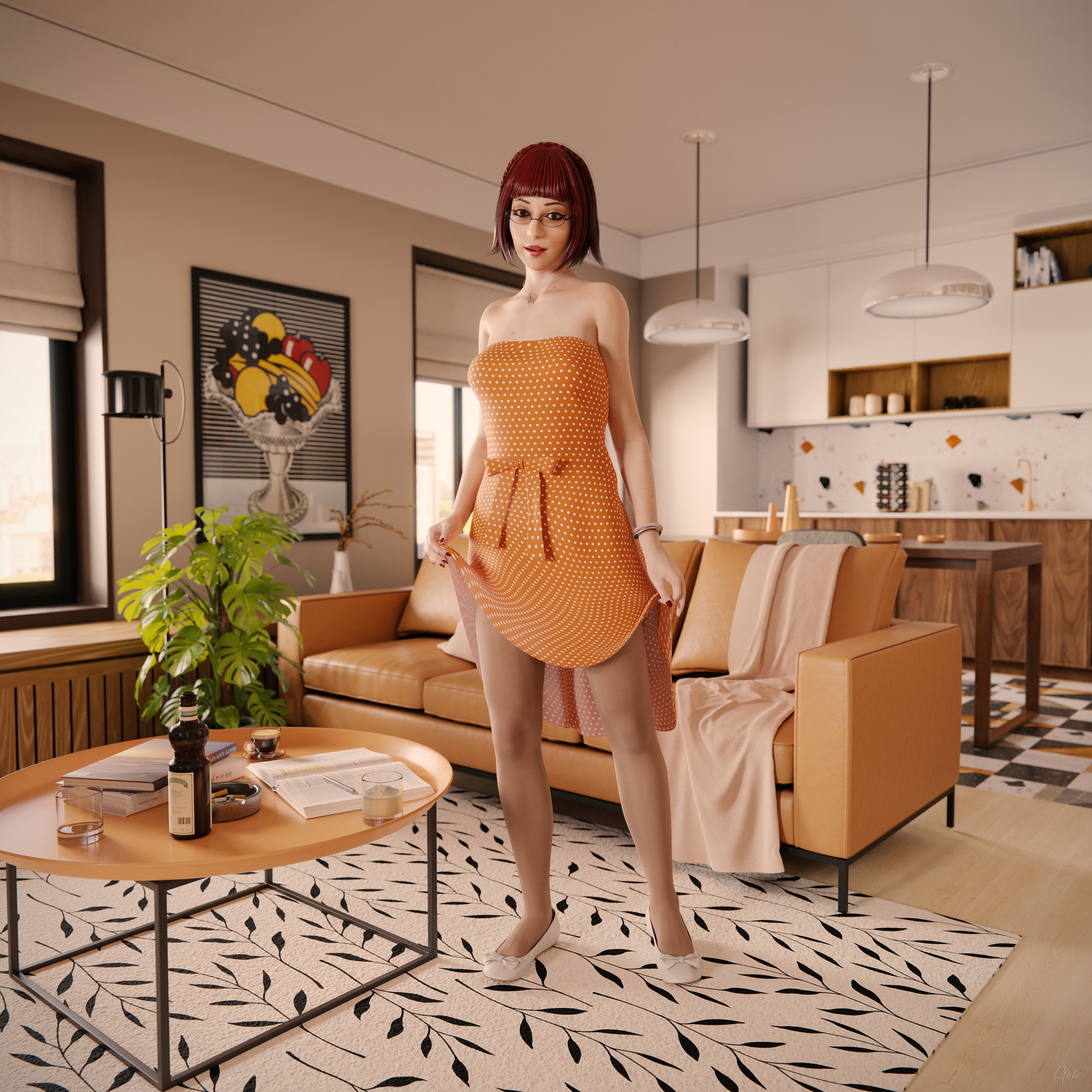 Orange Dotted Tease - Part 1 (Flats and Seamless Pantyhose) Orange Milf Sexy Tease Skirt Upskirt Spread Legs Standing Pantyhose Clothed Partially_clothed Long Legs Secretary Wet Pussy No Panties Hairy Pussy Glasses Sofa Nsfw Nylon Party Dress Indoor Red Hair Posing