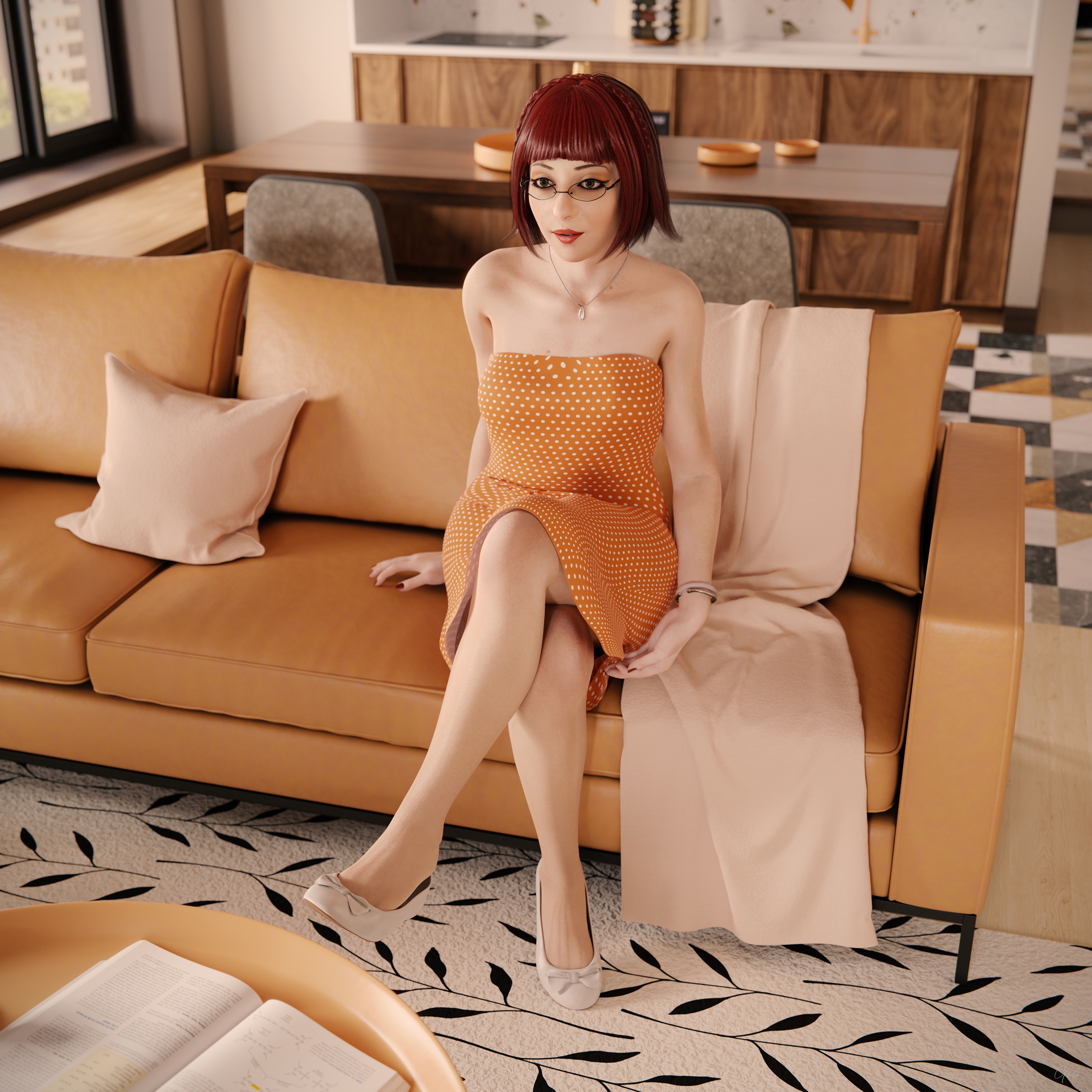 Orange Dotted Tease - Part 1 (Flats and Seamless Pantyhose) Orange Milf Sexy Tease Skirt Upskirt Spread Legs Standing Pantyhose Clothed Partially_clothed Long Legs Secretary Wet Pussy No Panties Hairy Pussy Glasses Sofa Nsfw Nylon Party Dress Indoor Red Hair Posing 2