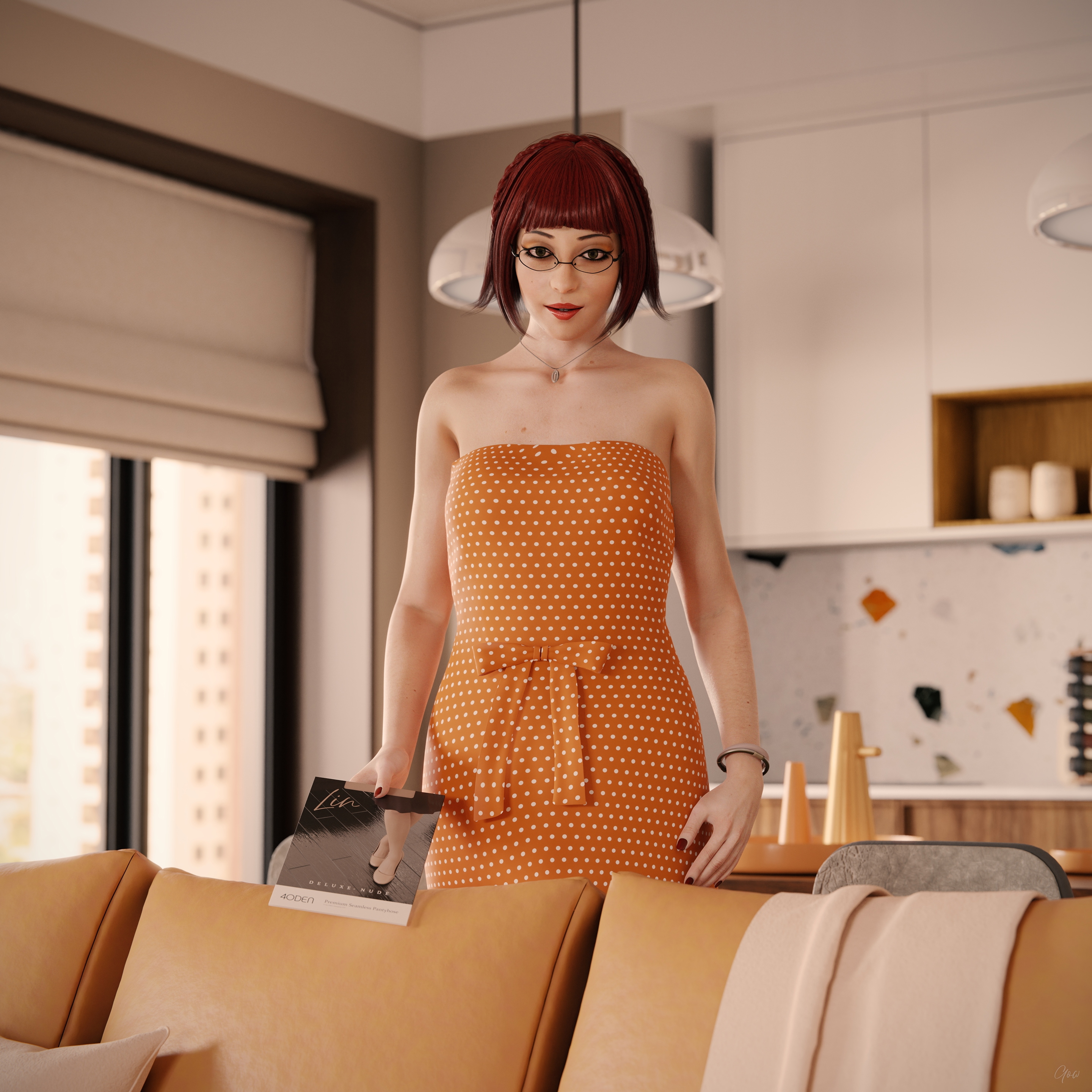 Orange Dotted Tease - Part 1 (Flats and Seamless Pantyhose) Orange Milf Sexy Tease Skirt Upskirt Spread Legs Standing Pantyhose Clothed Partially_clothed Long Legs Secretary Wet Pussy No Panties Hairy Pussy Glasses Sofa Nsfw Nylon Party Dress Indoor Red Hair Posing 7