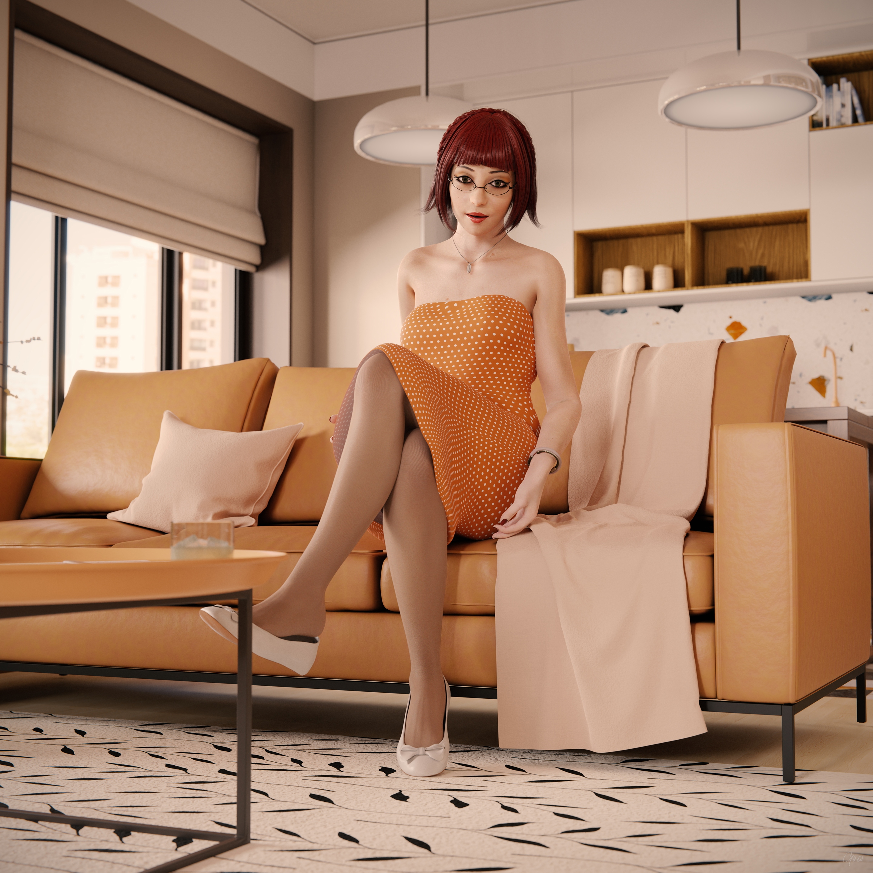 Orange Dotted Tease - Part 1 (Flats and Seamless Pantyhose) Orange Milf Sexy Tease Skirt Upskirt Spread Legs Standing Pantyhose Clothed Partially_clothed Long Legs Secretary Wet Pussy No Panties Hairy Pussy Glasses Sofa Nsfw Nylon Party Dress Indoor Red Hair Posing 9