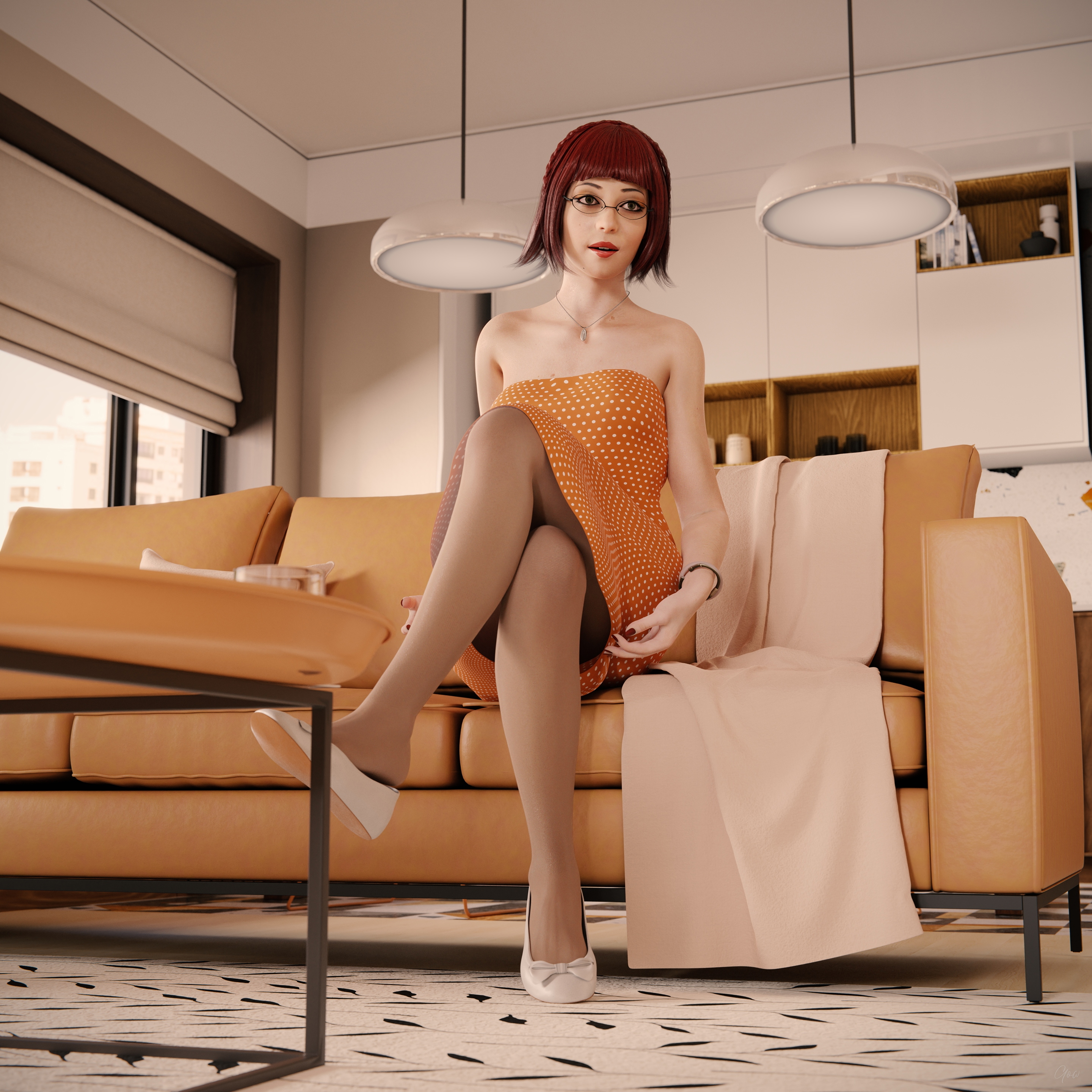 Orange Dotted Tease - Part 1 (Flats and Seamless Pantyhose) Orange Milf Sexy Tease Skirt Upskirt Spread Legs Standing Pantyhose Clothed Partially_clothed Long Legs Secretary Wet Pussy No Panties Hairy Pussy Glasses Sofa Nsfw Nylon Party Dress Indoor Red Hair Posing 13