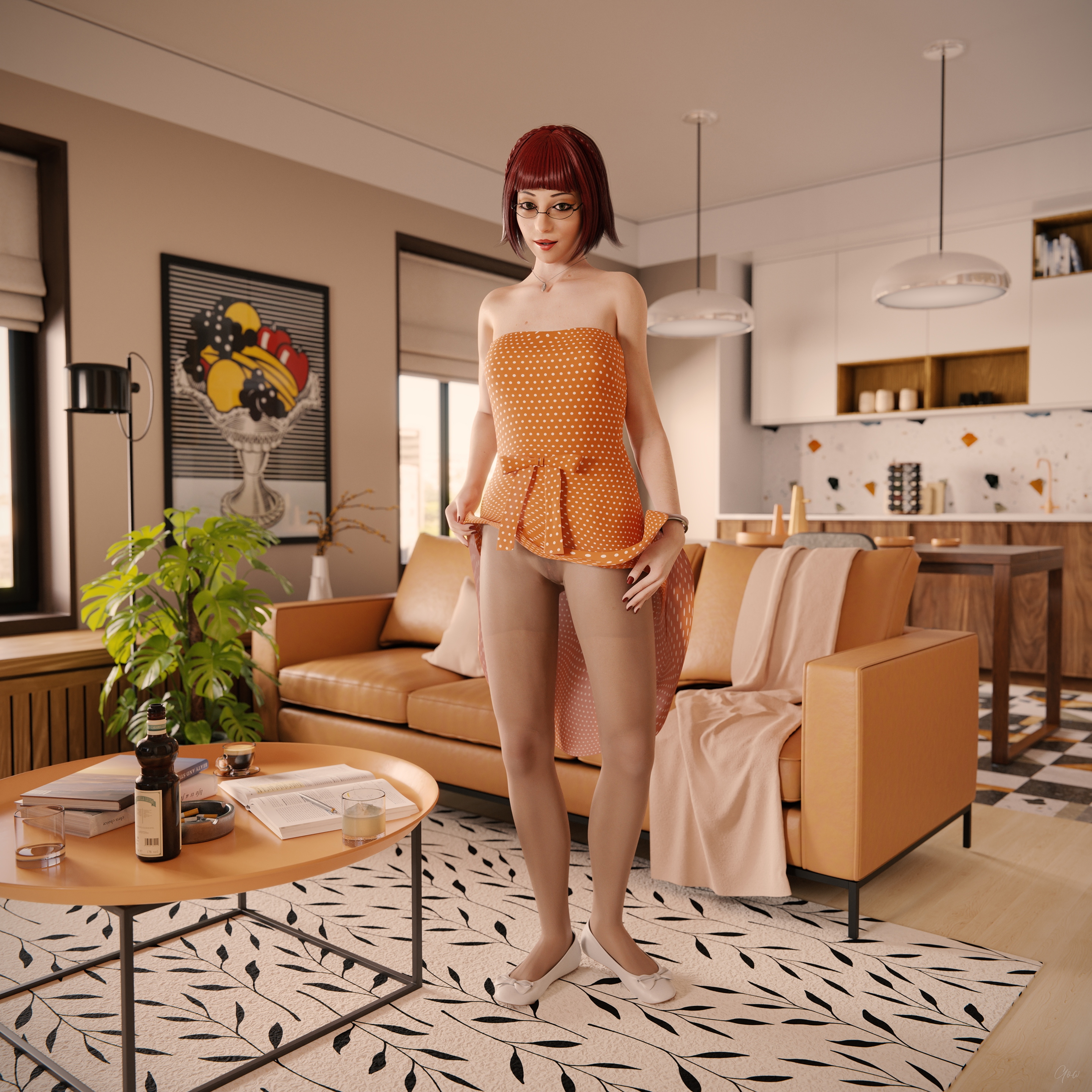 Orange Dotted Tease - Part 1 (Flats and Seamless Pantyhose) Orange Milf Sexy Tease Skirt Upskirt Spread Legs Standing Pantyhose Clothed Partially_clothed Long Legs Secretary Wet Pussy No Panties Hairy Pussy Glasses Sofa Nsfw Nylon Party Dress Indoor Red Hair Posing 17