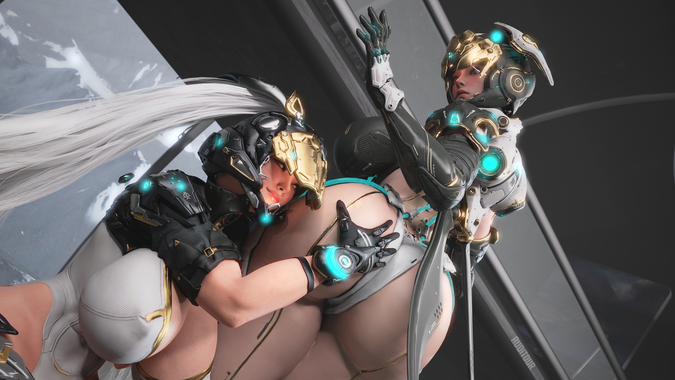 Bunny and Valby Ass Worship  Bunny Huge Breasts Huge Ass Clothed Armor Glowing Helmet Abs Muscles Tall