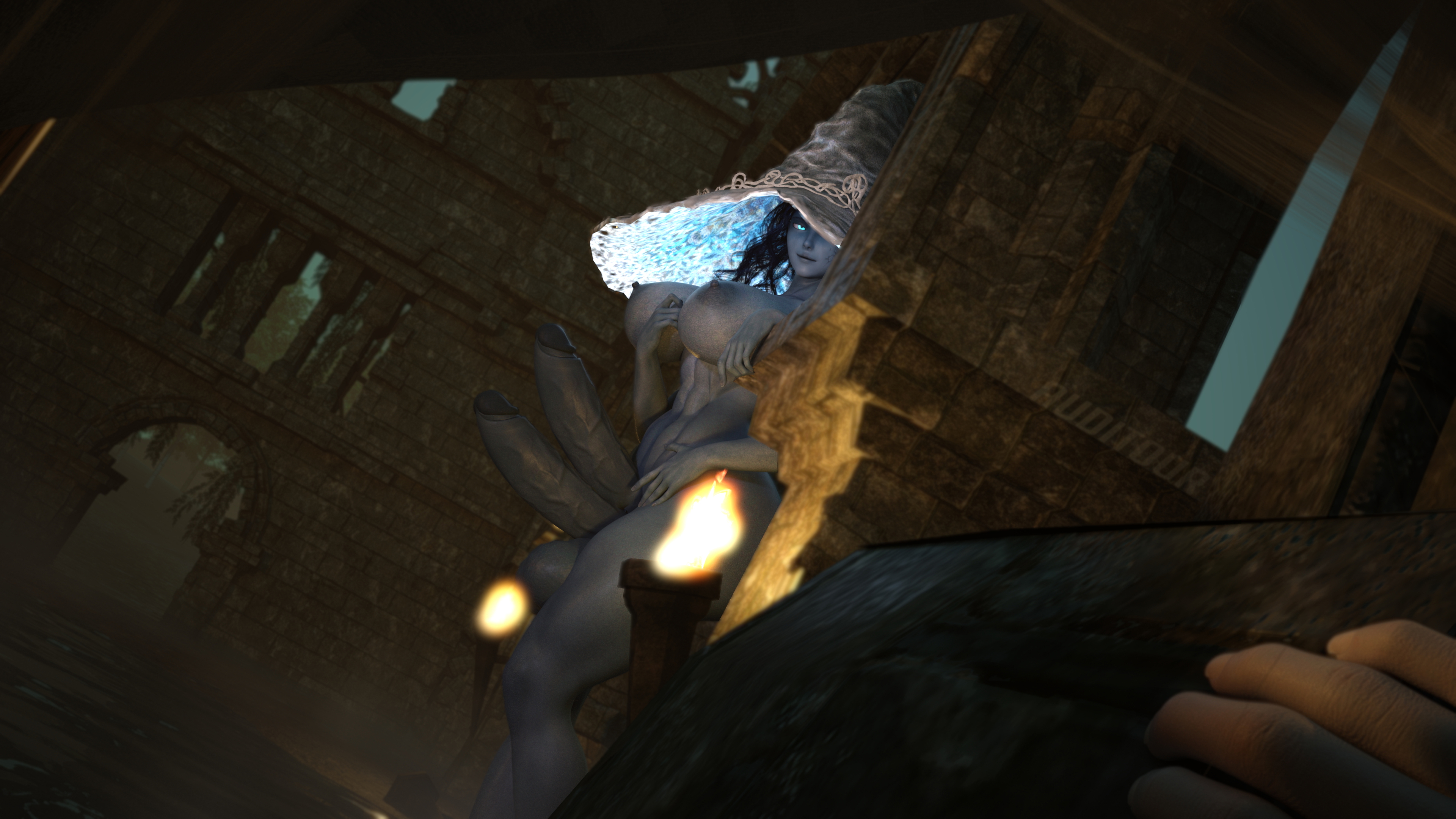 Ranni Found You Ranni The Witch Elden Ring Huge Breasts Huge Ass Huge Cock Abs Muscles Tall Giantess Giant Night Water Pov Looking At Viewer Glowing Eyes