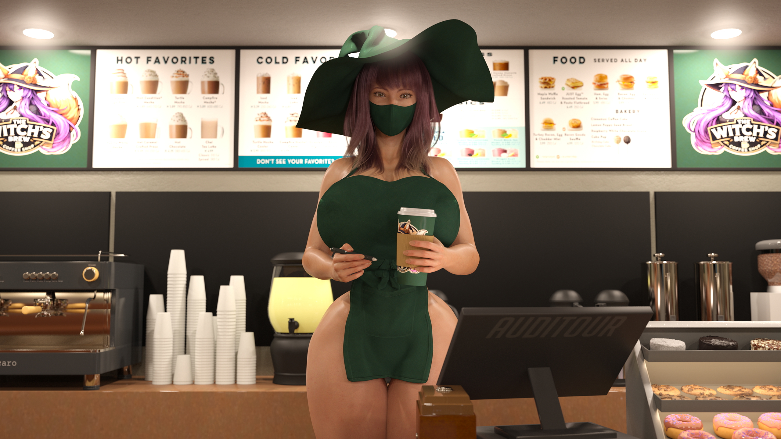 Sophie Barista Sophie Huge Breasts Huge Ass Nude Naked Solo Apron Abs Muscles Tall Looking At Viewer